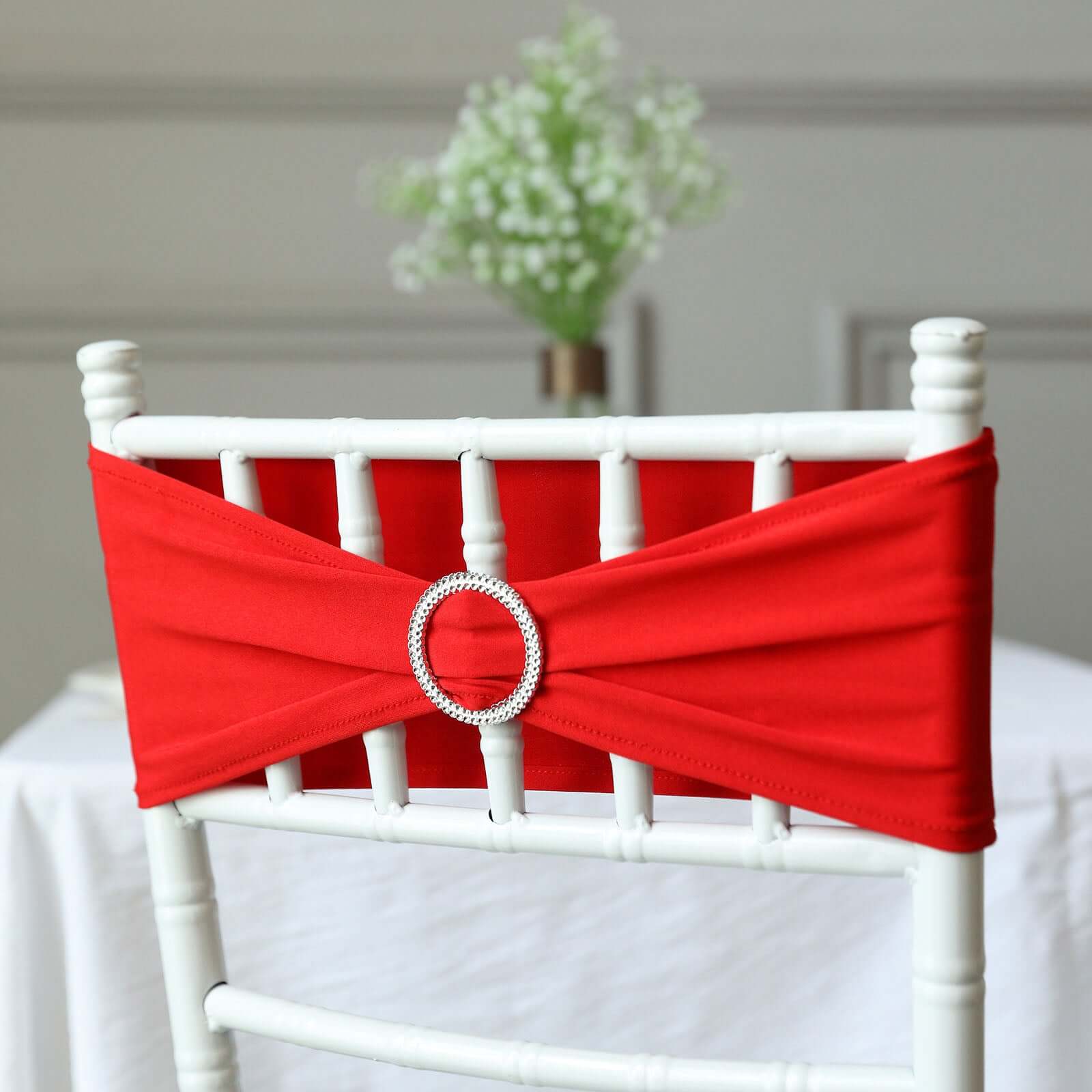 5 Pack Stretch Spandex Chair Sashes 5"x14" Red with Silver Diamond Ring Slide Buckle - Durable Fitted Chair Bands - Image 9