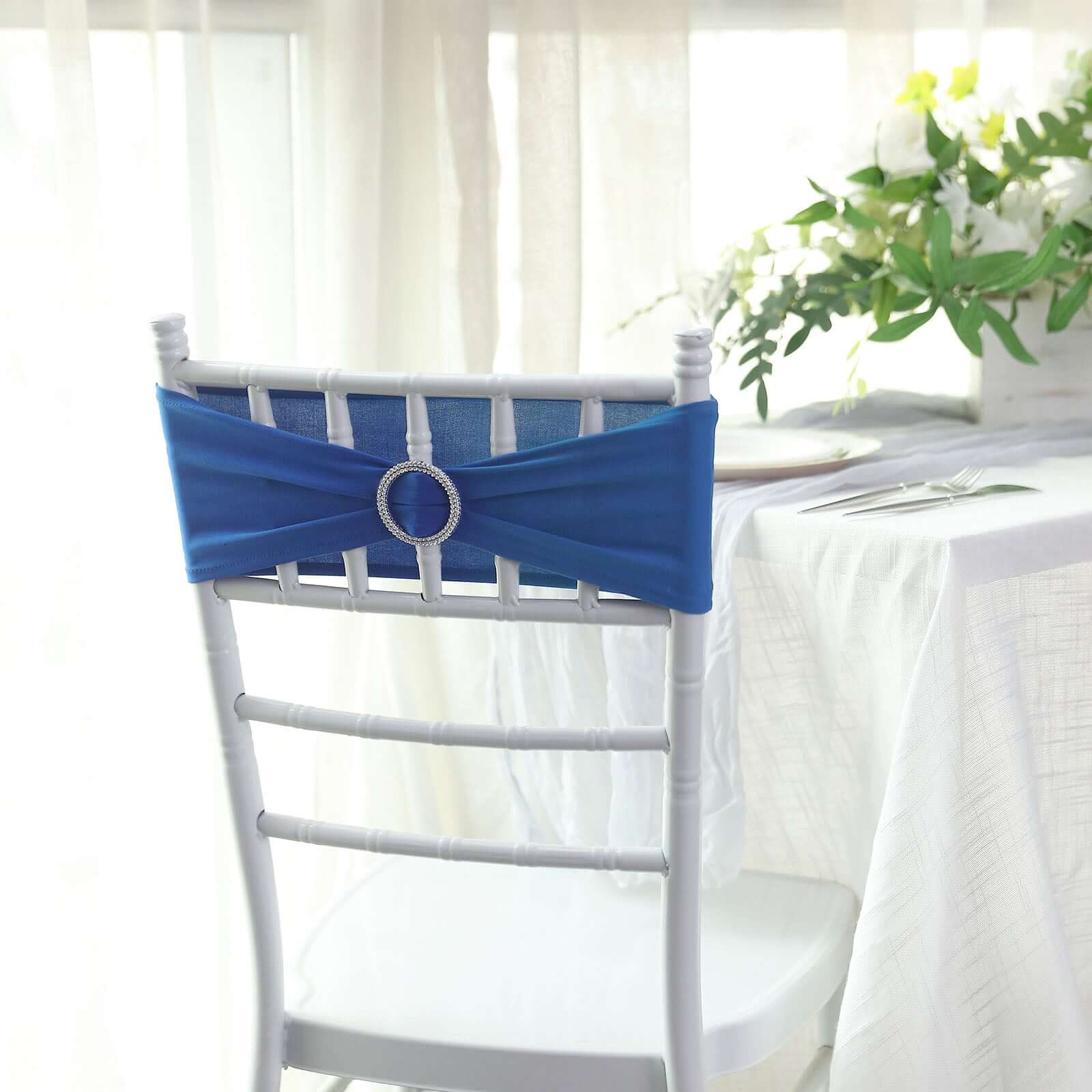 5 Pack Stretch Spandex Chair Sashes 5"x14" Royal Blue with Silver Diamond Ring Slide Buckle - Durable Fitted Chair Bands - Image 10