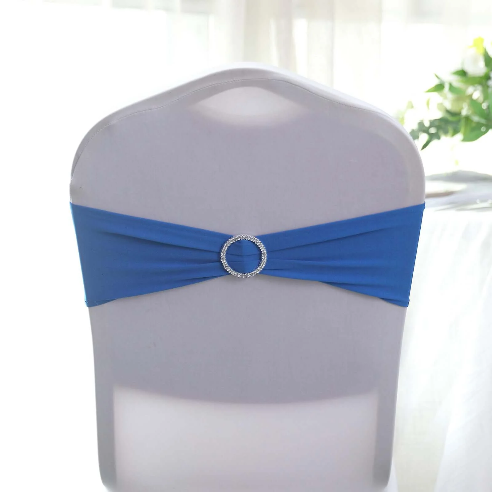 5 Pack Stretch Spandex Chair Sashes 5"x14" Royal Blue with Silver Diamond Ring Slide Buckle - Durable Fitted Chair Bands - Image 13