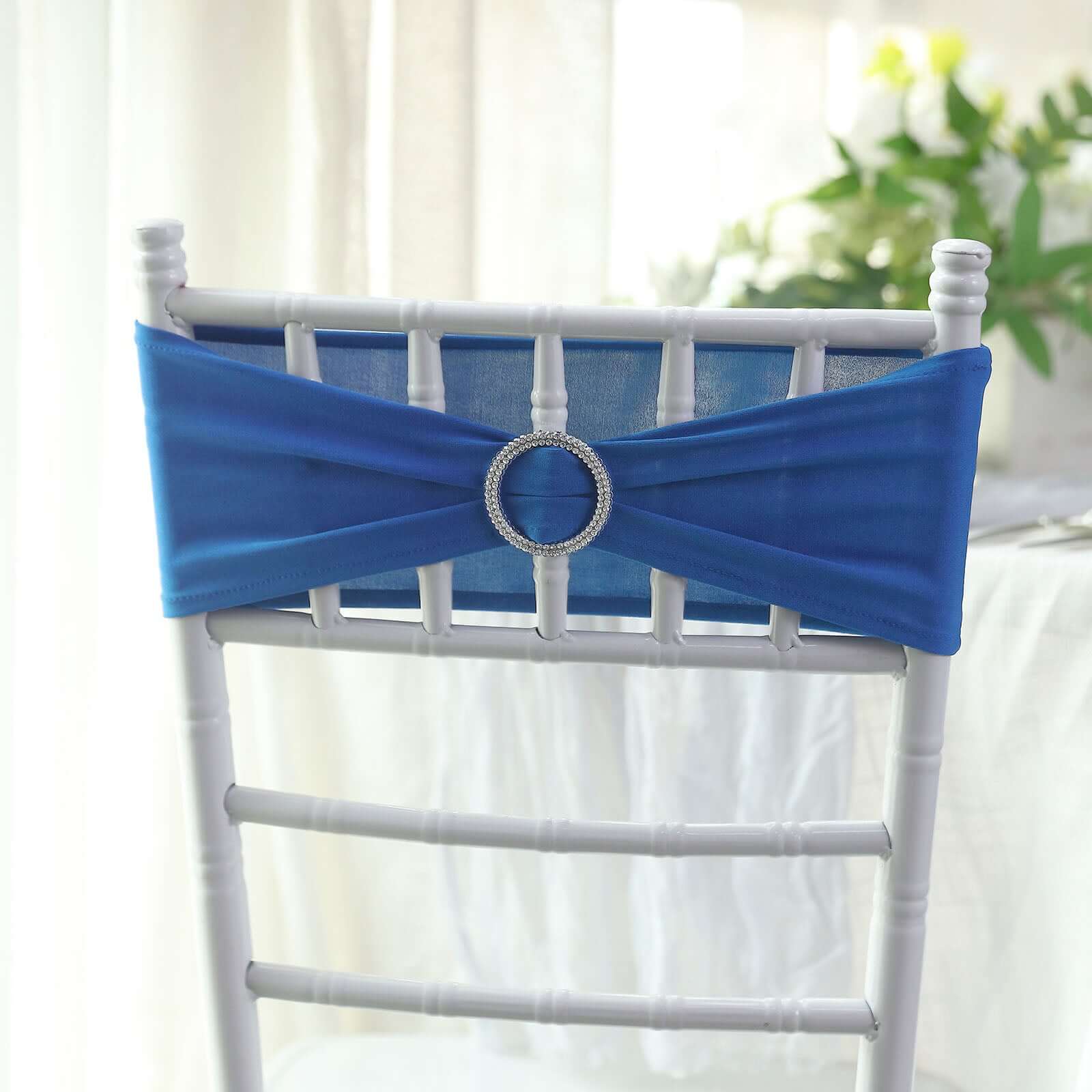 5 Pack Stretch Spandex Chair Sashes 5"x14" Royal Blue with Silver Diamond Ring Slide Buckle - Durable Fitted Chair Bands - Image 9