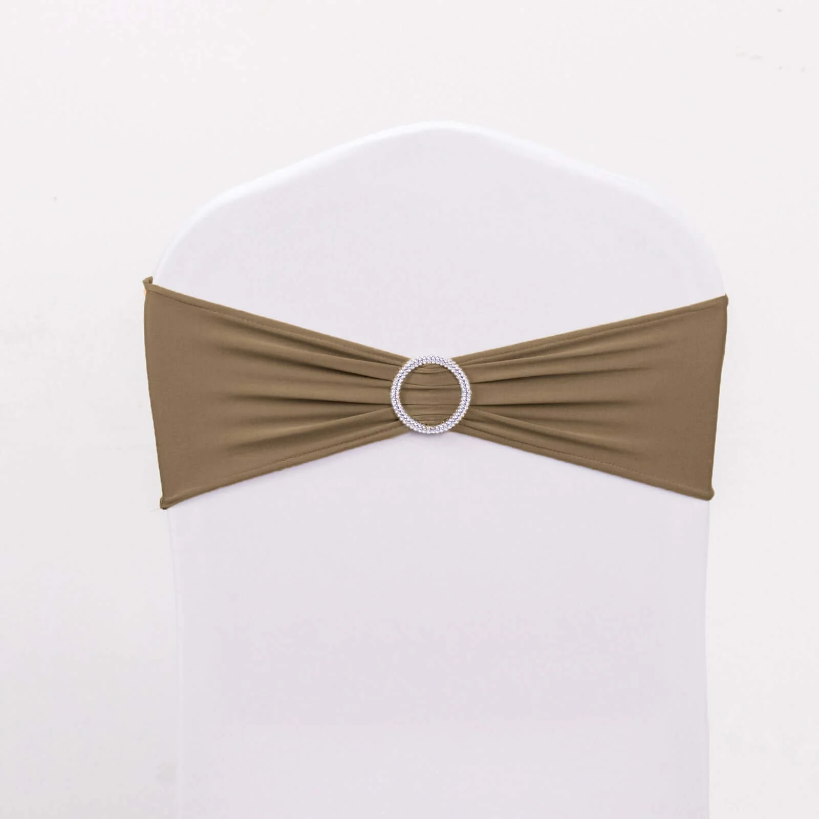 5 Pack Stretch Spandex Chair Sashes 5"x14" Taupe with Silver Diamond Ring Slide Buckle - Durable Fitted Chair Bands