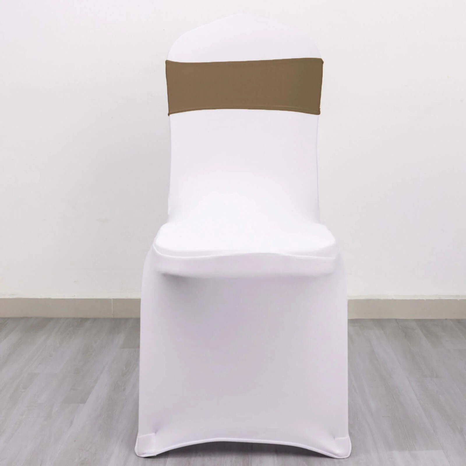 5 Pack Stretch Spandex Chair Sashes 5"x14" Taupe with Silver Diamond Ring Slide Buckle - Durable Fitted Chair Bands - Image 10