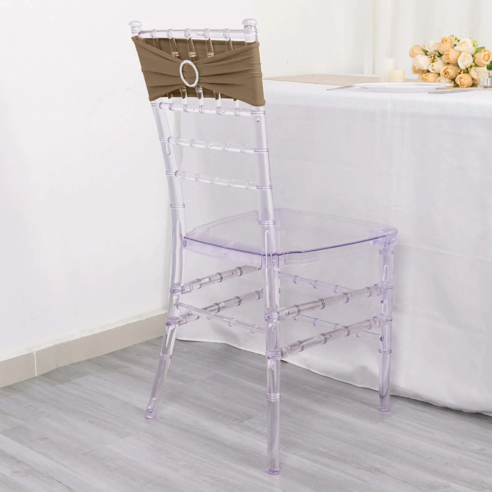 5 Pack Stretch Spandex Chair Sashes 5"x14" Taupe with Silver Diamond Ring Slide Buckle - Durable Fitted Chair Bands - Image 11