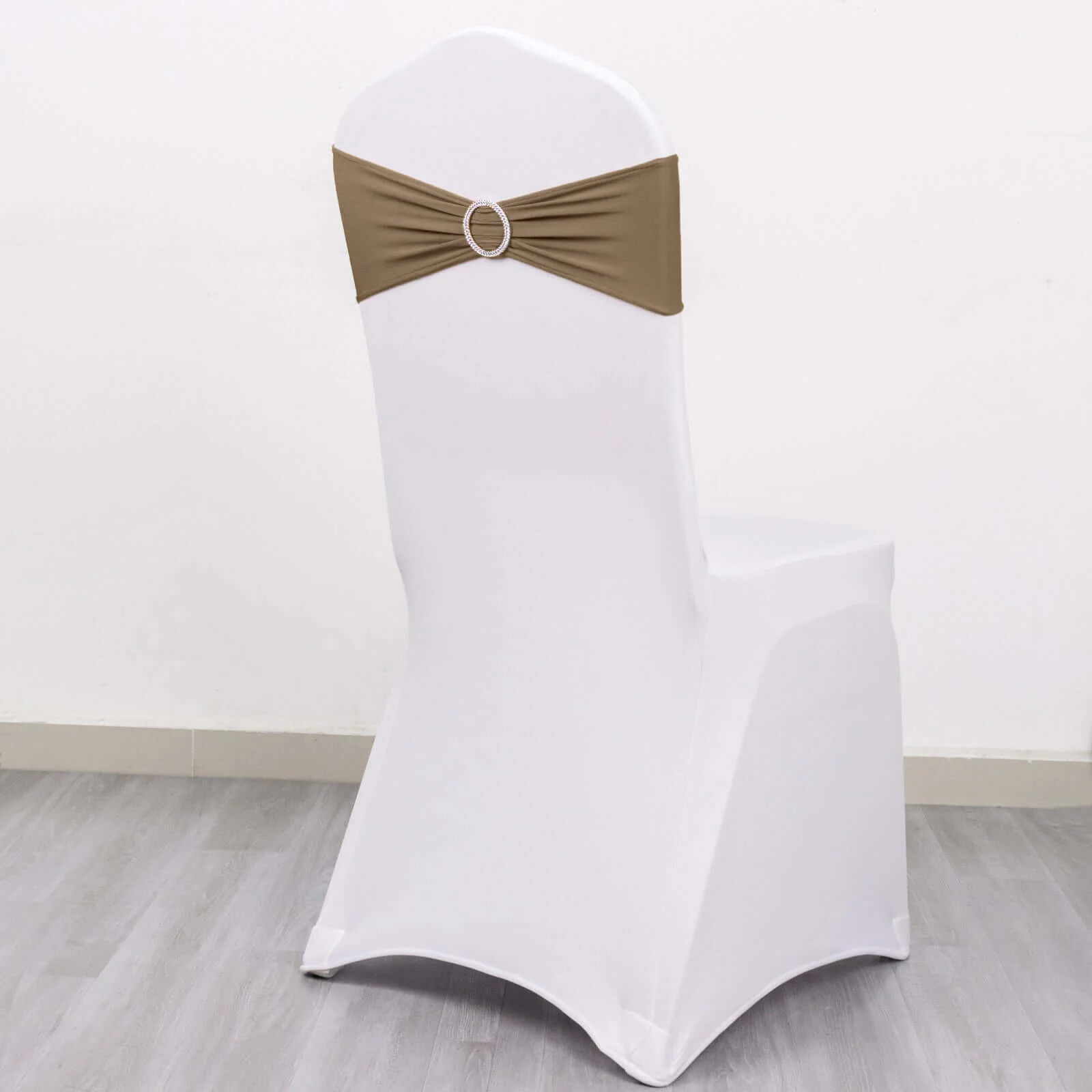 5 Pack Stretch Spandex Chair Sashes 5"x14" Taupe with Silver Diamond Ring Slide Buckle - Durable Fitted Chair Bands - Image 12