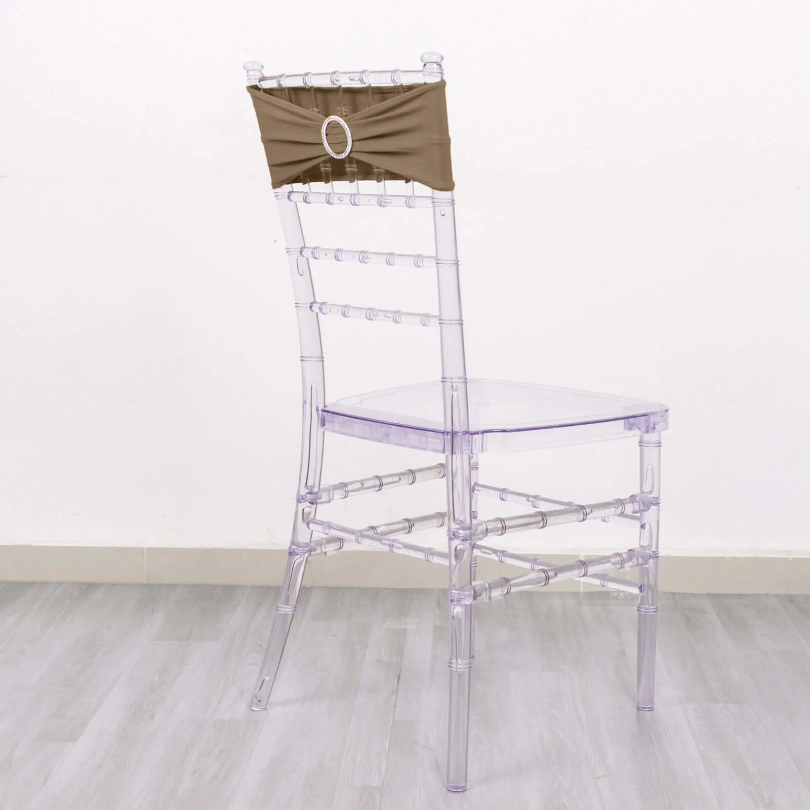 5 Pack Stretch Spandex Chair Sashes 5"x14" Taupe with Silver Diamond Ring Slide Buckle - Durable Fitted Chair Bands - Image 13