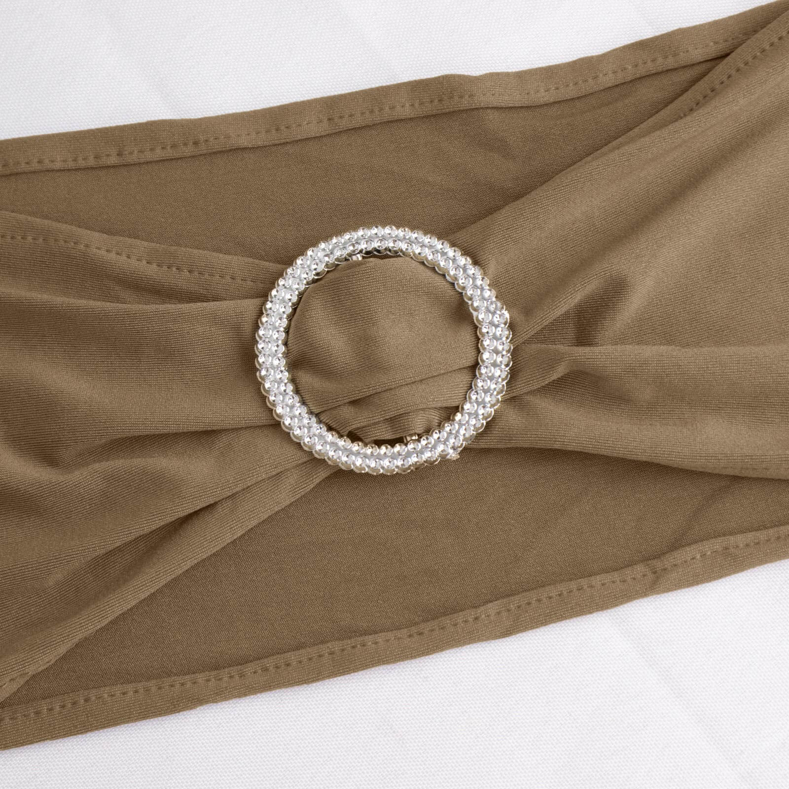5 Pack Stretch Spandex Chair Sashes 5"x14" Taupe with Silver Diamond Ring Slide Buckle - Durable Fitted Chair Bands - Image 15
