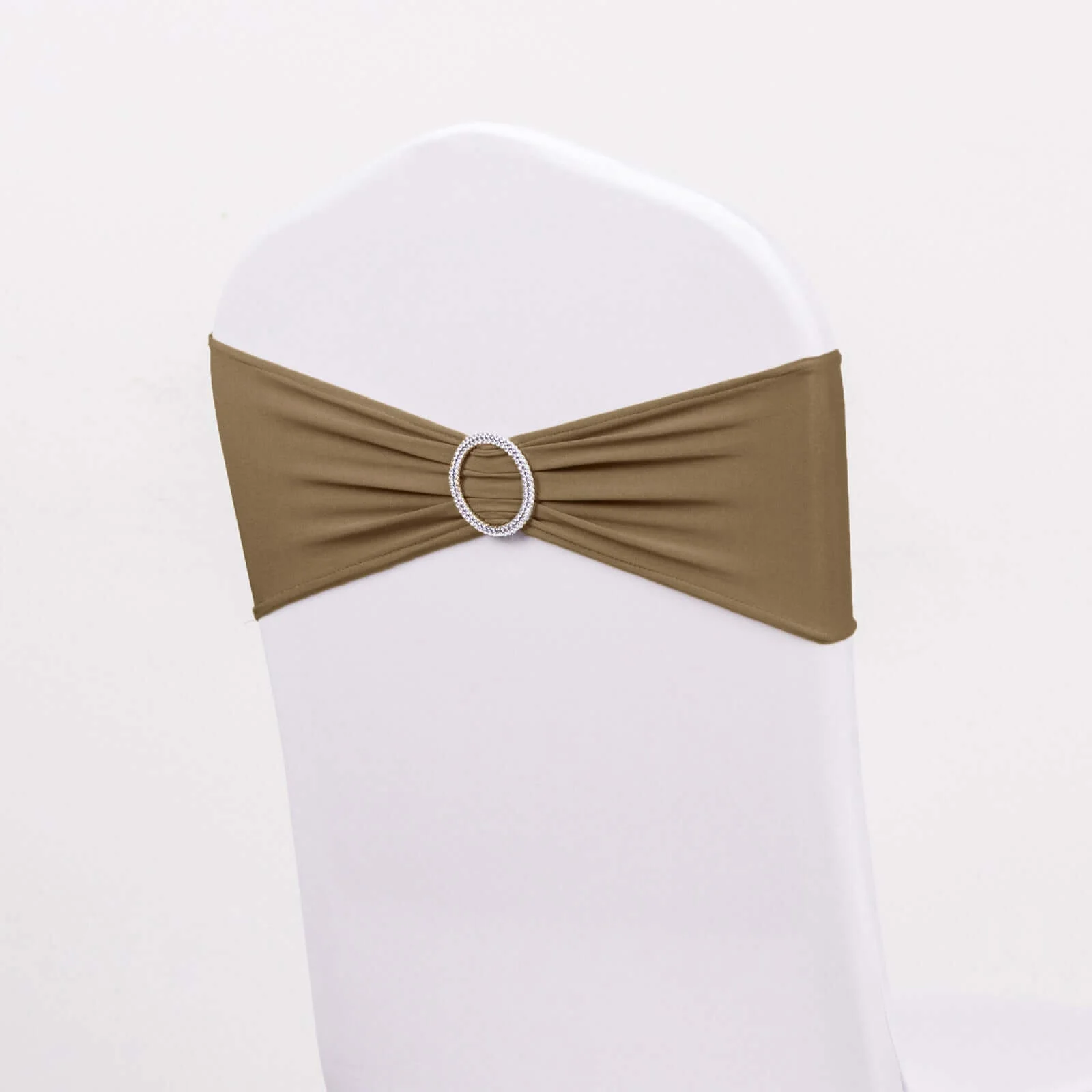 5 Pack Stretch Spandex Chair Sashes 5"x14" Taupe with Silver Diamond Ring Slide Buckle - Durable Fitted Chair Bands - Image 6