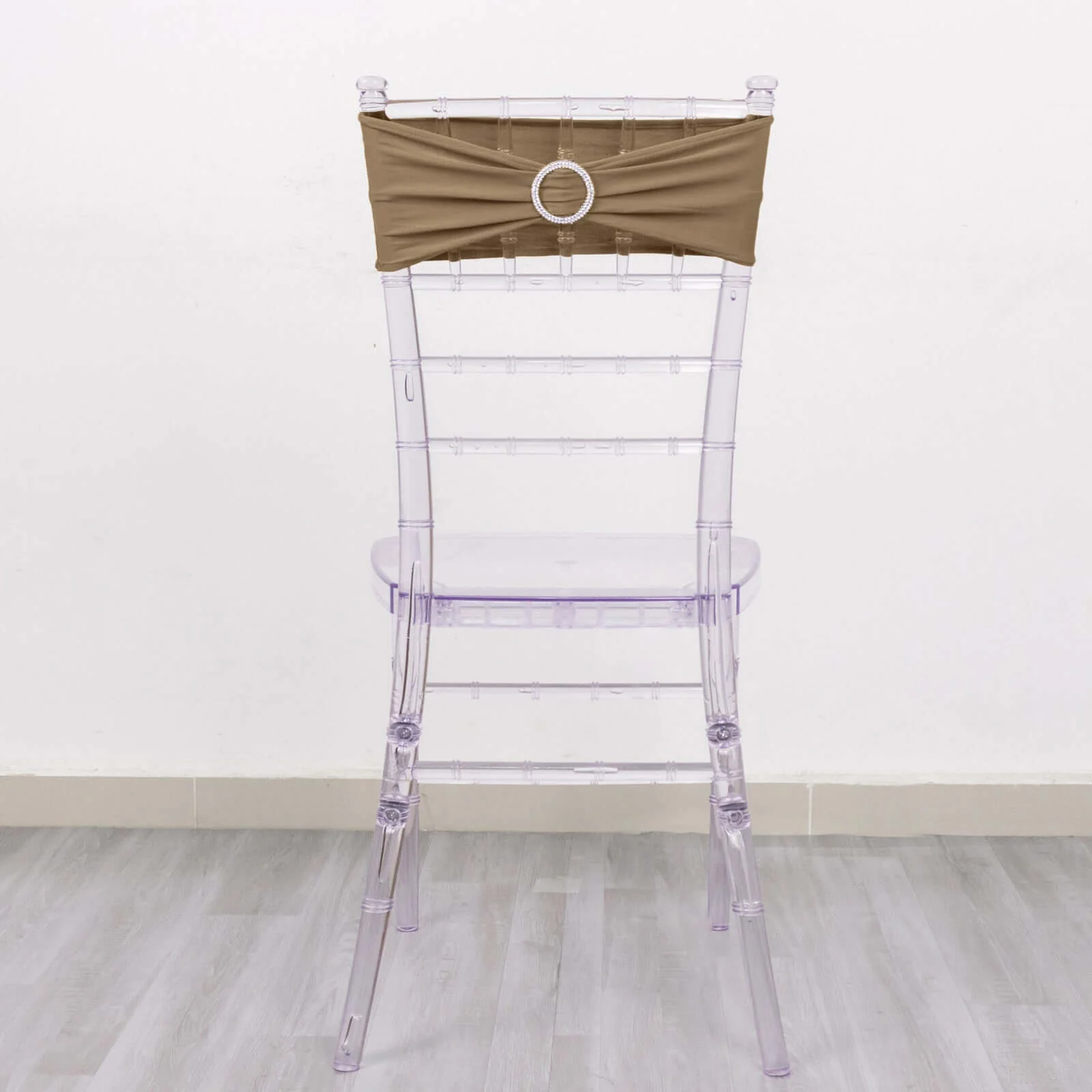5 Pack Stretch Spandex Chair Sashes 5"x14" Taupe with Silver Diamond Ring Slide Buckle - Durable Fitted Chair Bands - Image 8