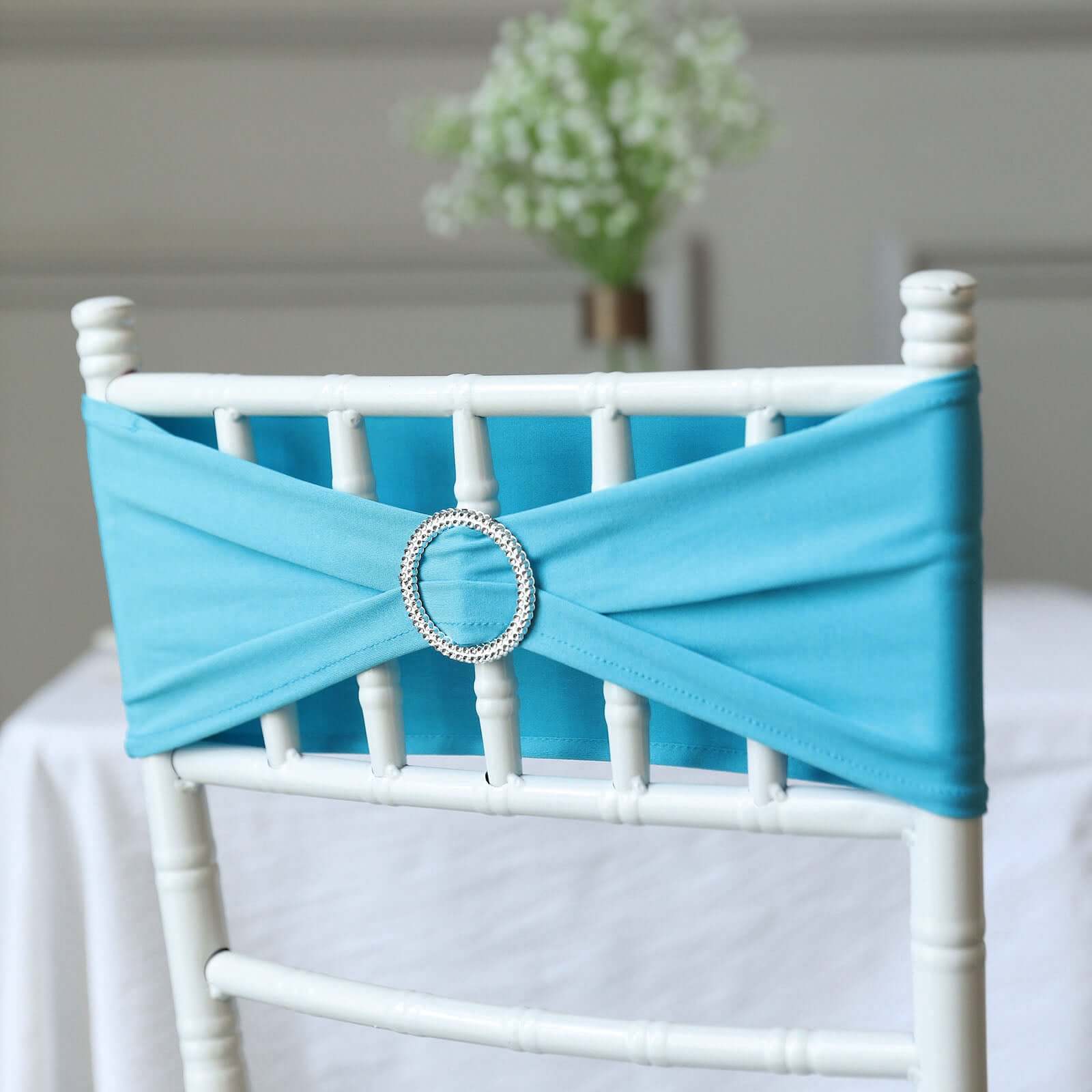 5 Pack Stretch Spandex Chair Sashes 5"x14" Turquoise with Silver Diamond Ring Slide Buckle - Durable Fitted Chair Bands - Image 8