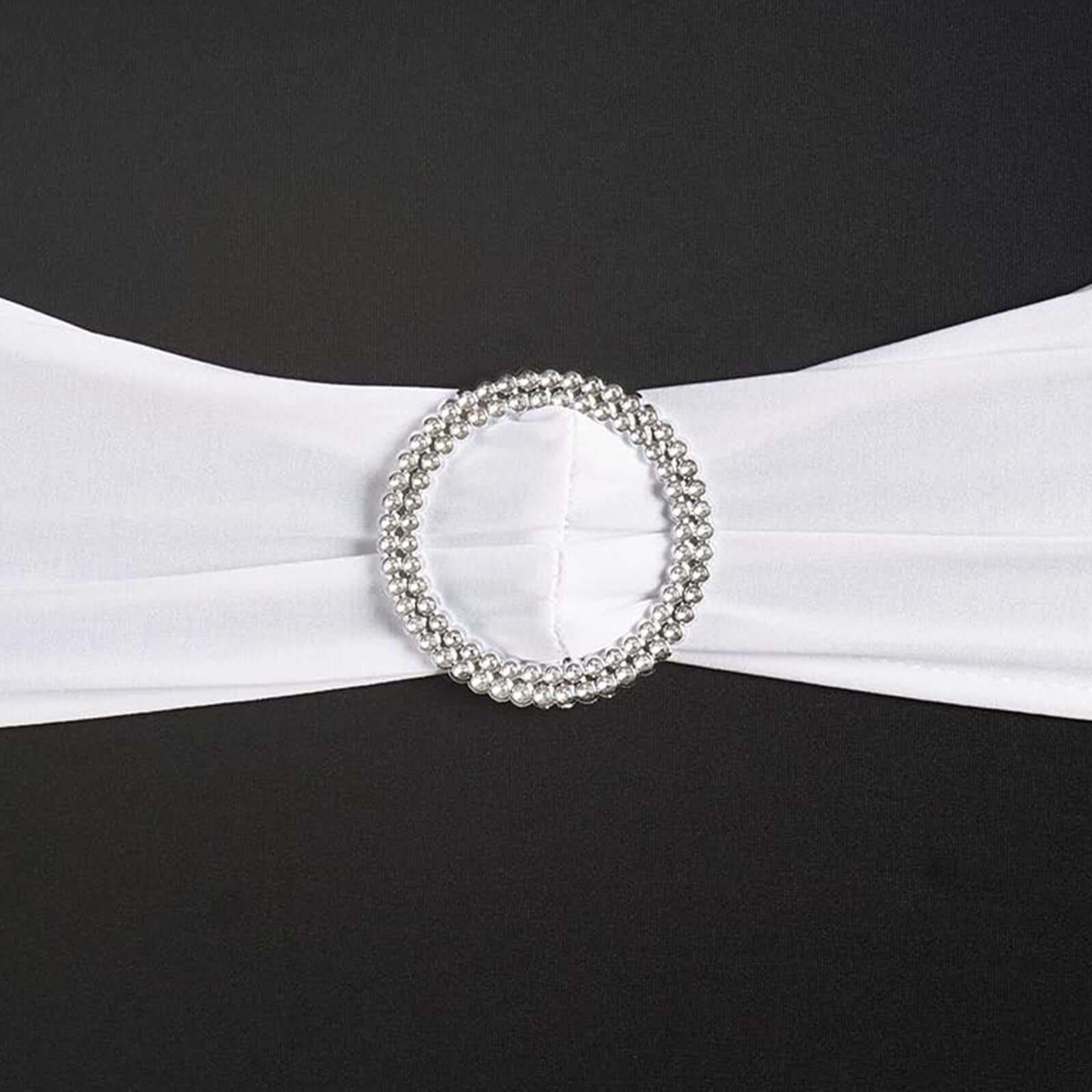 5 Pack Stretch Spandex Chair Sashes 5"x14" White with Silver Diamond Ring Slide Buckle - Luxe Durable Fitted Chair Bands for Weddings & Events - Image 13