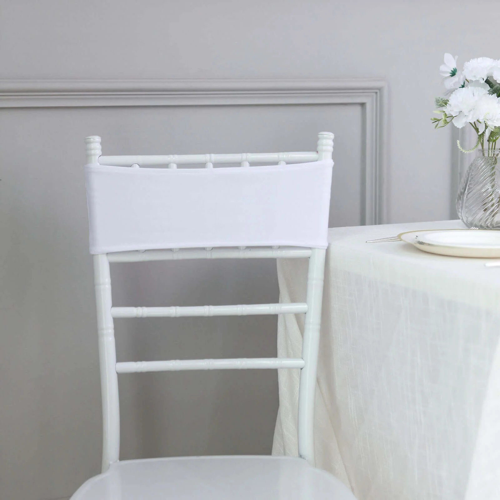 5 Pack Stretch Spandex Chair Sashes 5"x14" White with Silver Diamond Ring Slide Buckle - Luxe Durable Fitted Chair Bands for Weddings & Events - Image 2