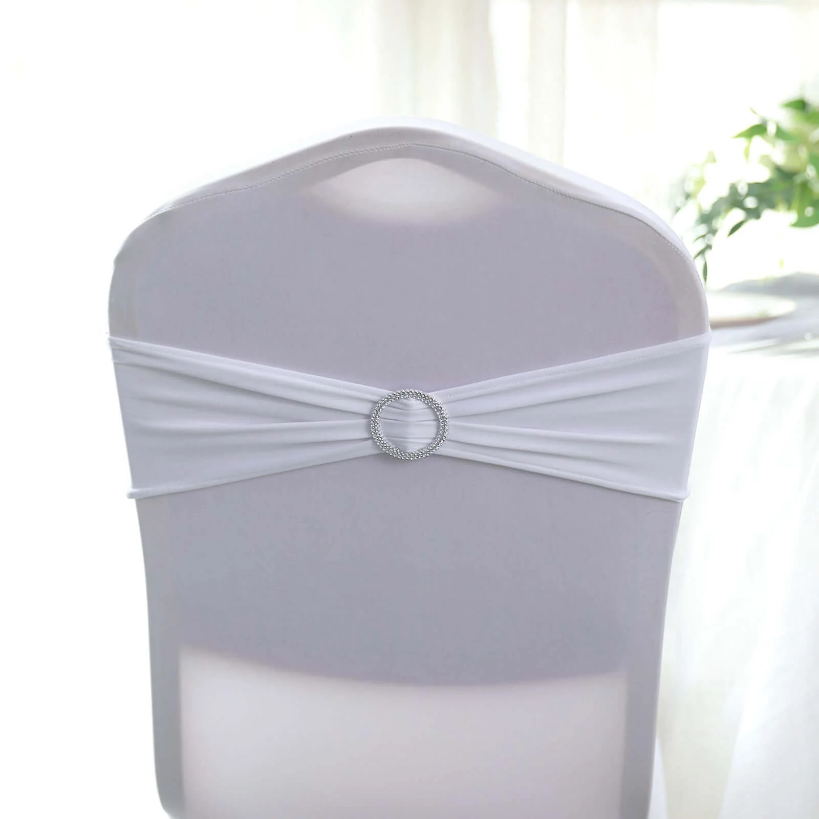 5 Pack Stretch Spandex Chair Sashes 5"x14" White with Silver Diamond Ring Slide Buckle - Luxe Durable Fitted Chair Bands for Weddings & Events - Image 6