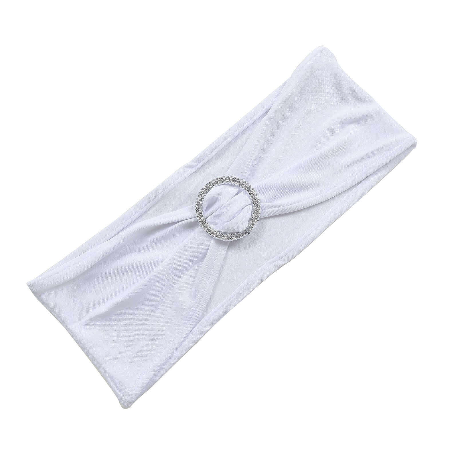 5 Pack Stretch Spandex Chair Sashes 5"x14" White with Silver Diamond Ring Slide Buckle - Luxe Durable Fitted Chair Bands for Weddings & Events - Image 7