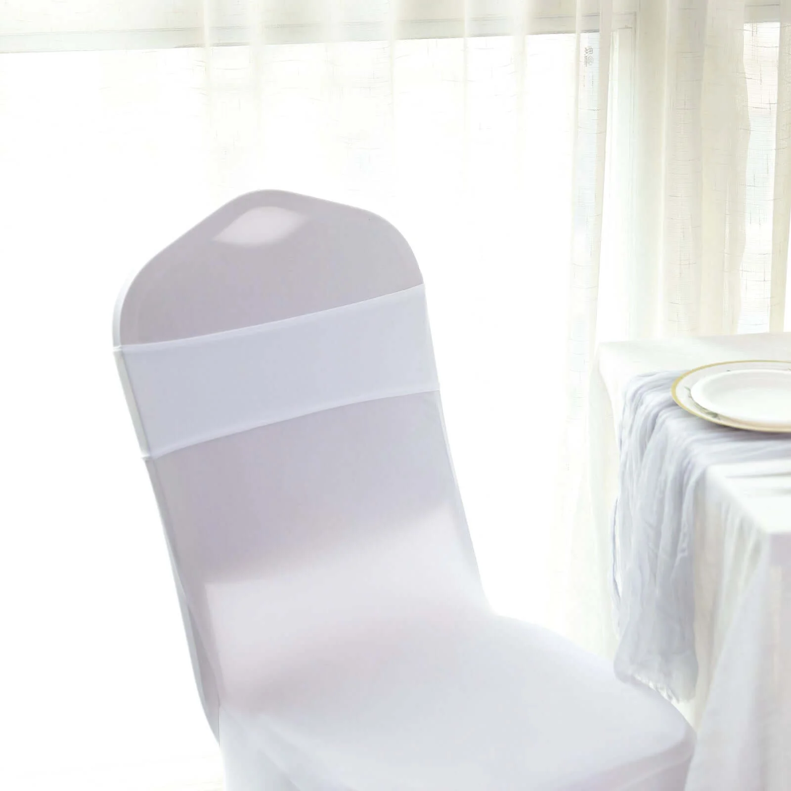 5 Pack Stretch Spandex Chair Sashes 5"x14" White with Silver Diamond Ring Slide Buckle - Luxe Durable Fitted Chair Bands for Weddings & Events - Image 8