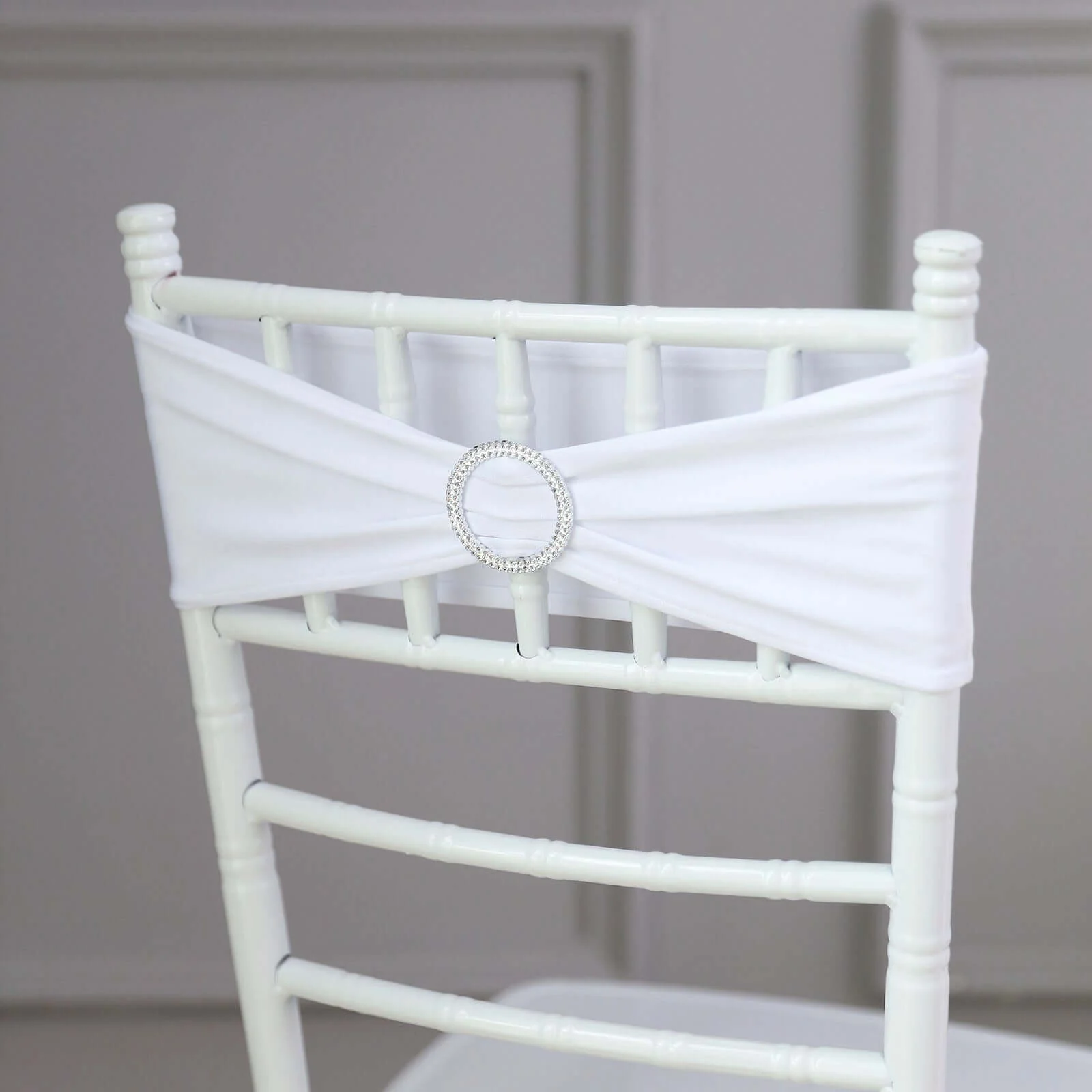 5 Pack Stretch Spandex Chair Sashes 5"x14" White with Silver Diamond Ring Slide Buckle - Luxe Durable Fitted Chair Bands for Weddings & Events - Image 9