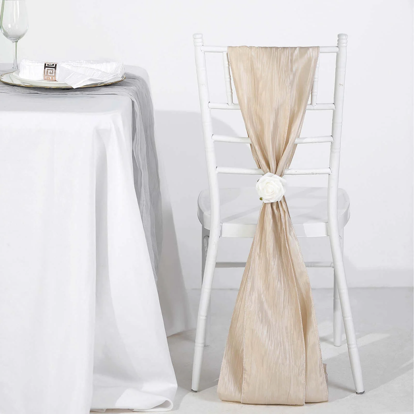 5 Pack Taffeta Chair Sashes 6"x106" Beige Accordion Crinkle - Sophisticated Decorative Design - Image 2