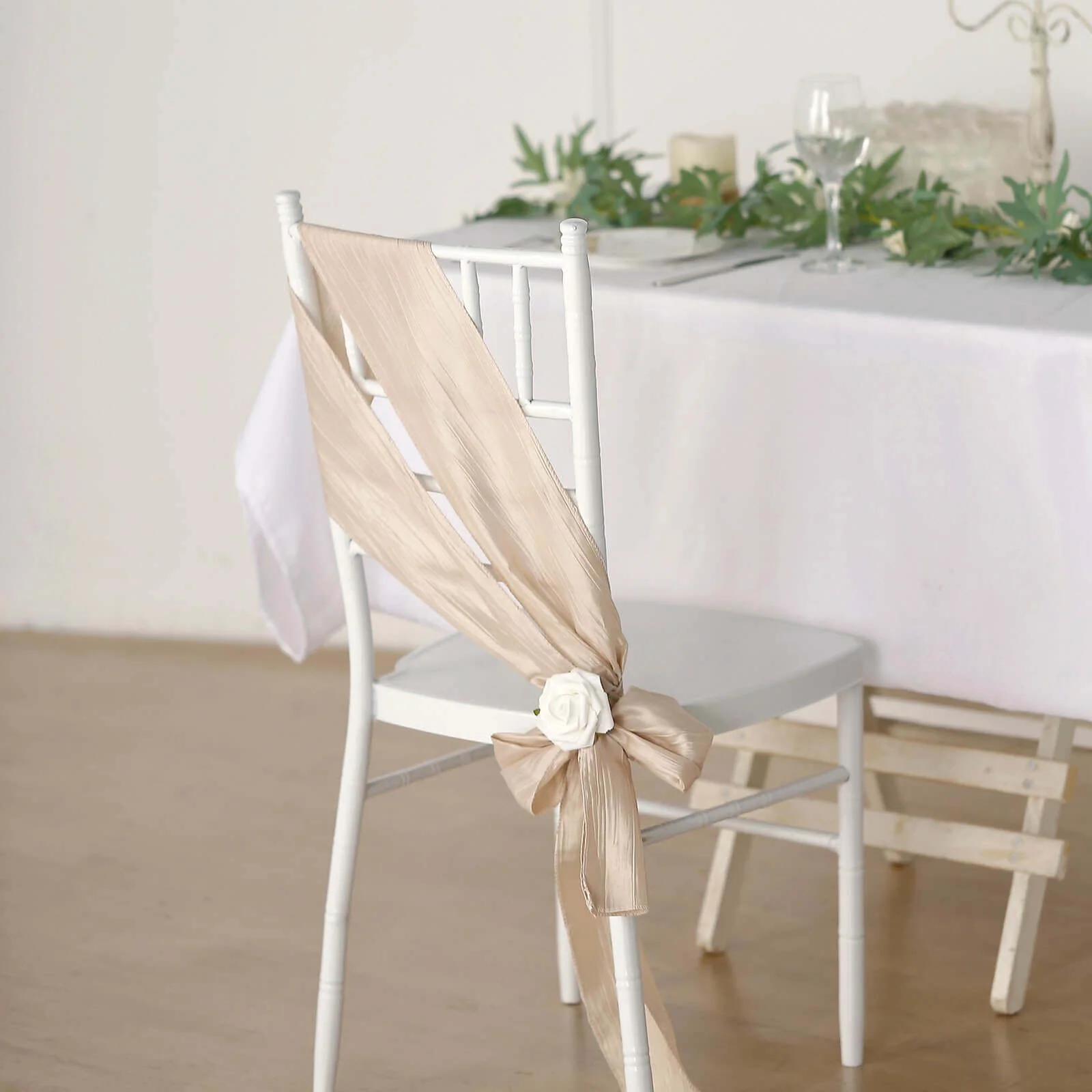 5 Pack Taffeta Chair Sashes 6"x106" Beige Accordion Crinkle - Sophisticated Decorative Design - Image 3