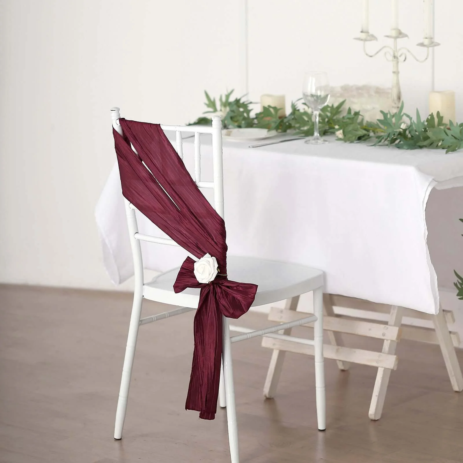 5 Pack Taffeta Chair Sashes 6"x106" Burgundy Accordion Crinkle - Sophisticated Decorative Design - Image 2