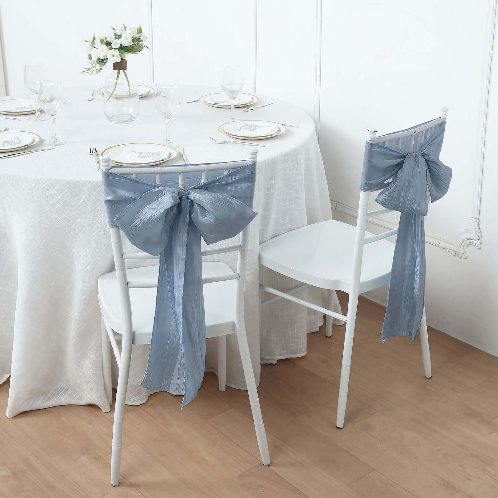 5 Pack Taffeta Chair Sashes 6"x106" Dusty Blue Accordion Crinkle - Sophisticated Decorative Design - Image 3