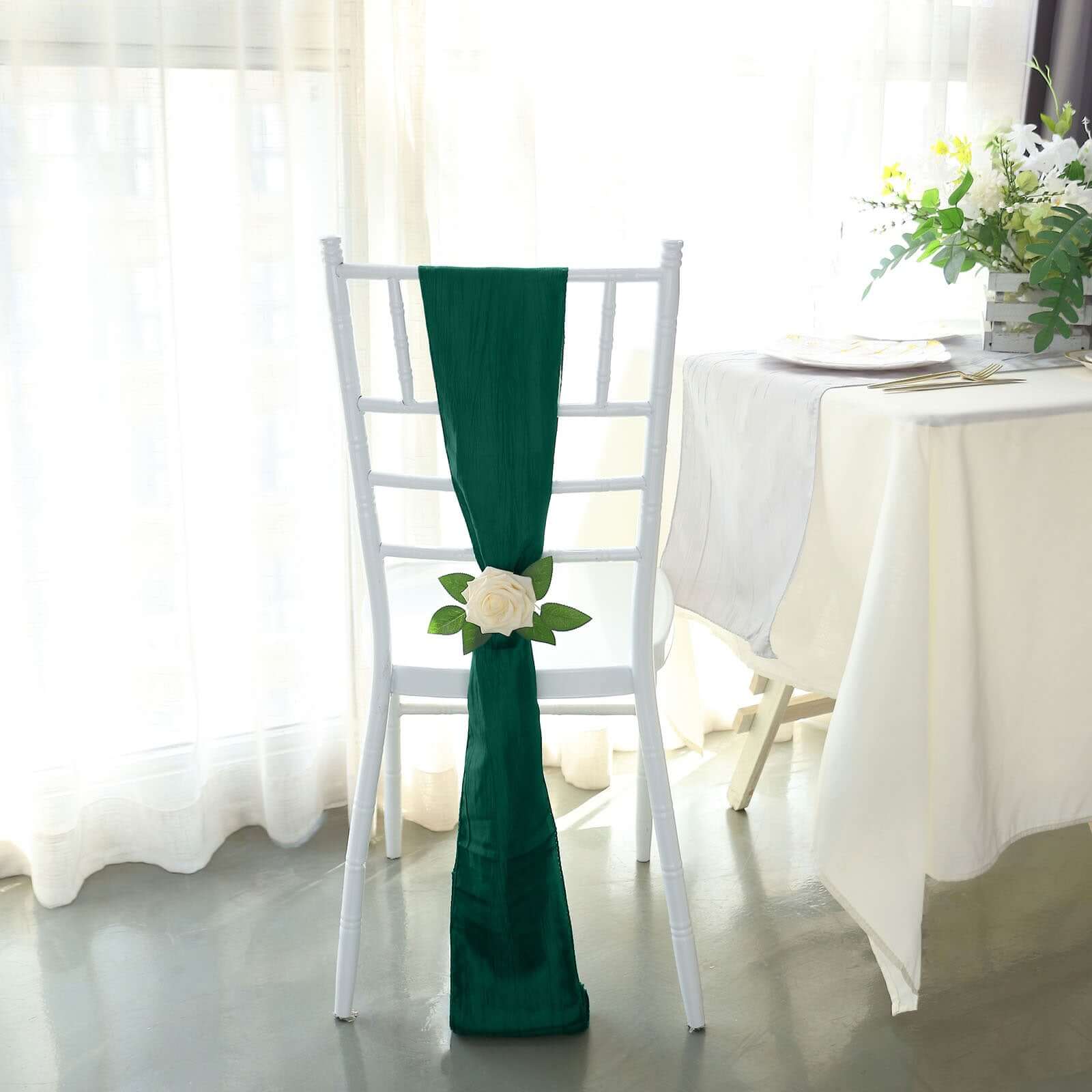 5 Pack Taffeta Chair Sashes 6"x106" Hunter Emerald Green Accordion Crinkle - Sophisticated Decorative Design - Image 3