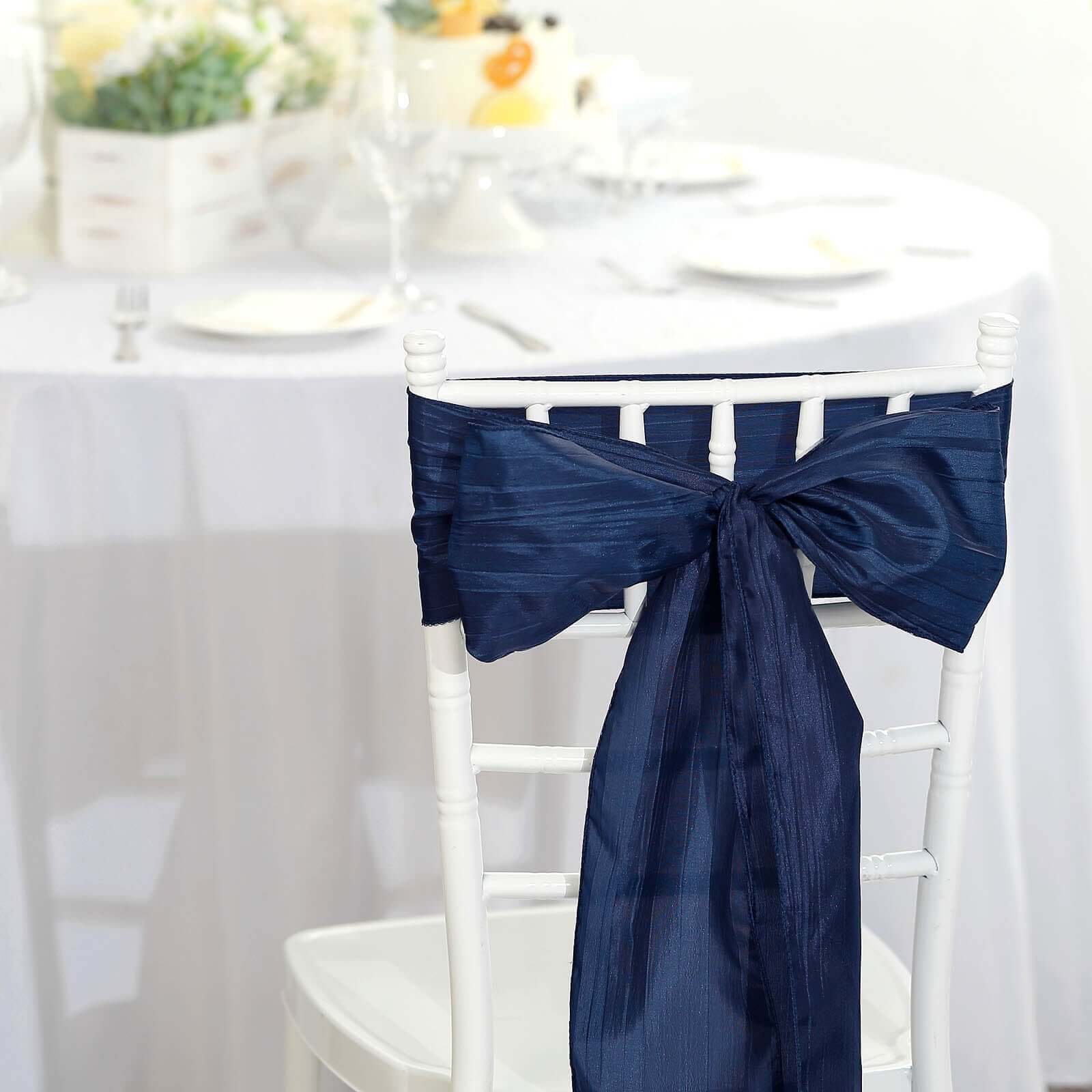 5 Pack Taffeta Chair Sashes 6"x106" Navy Blue Accordion Crinkle - Sophisticated Decorative Design