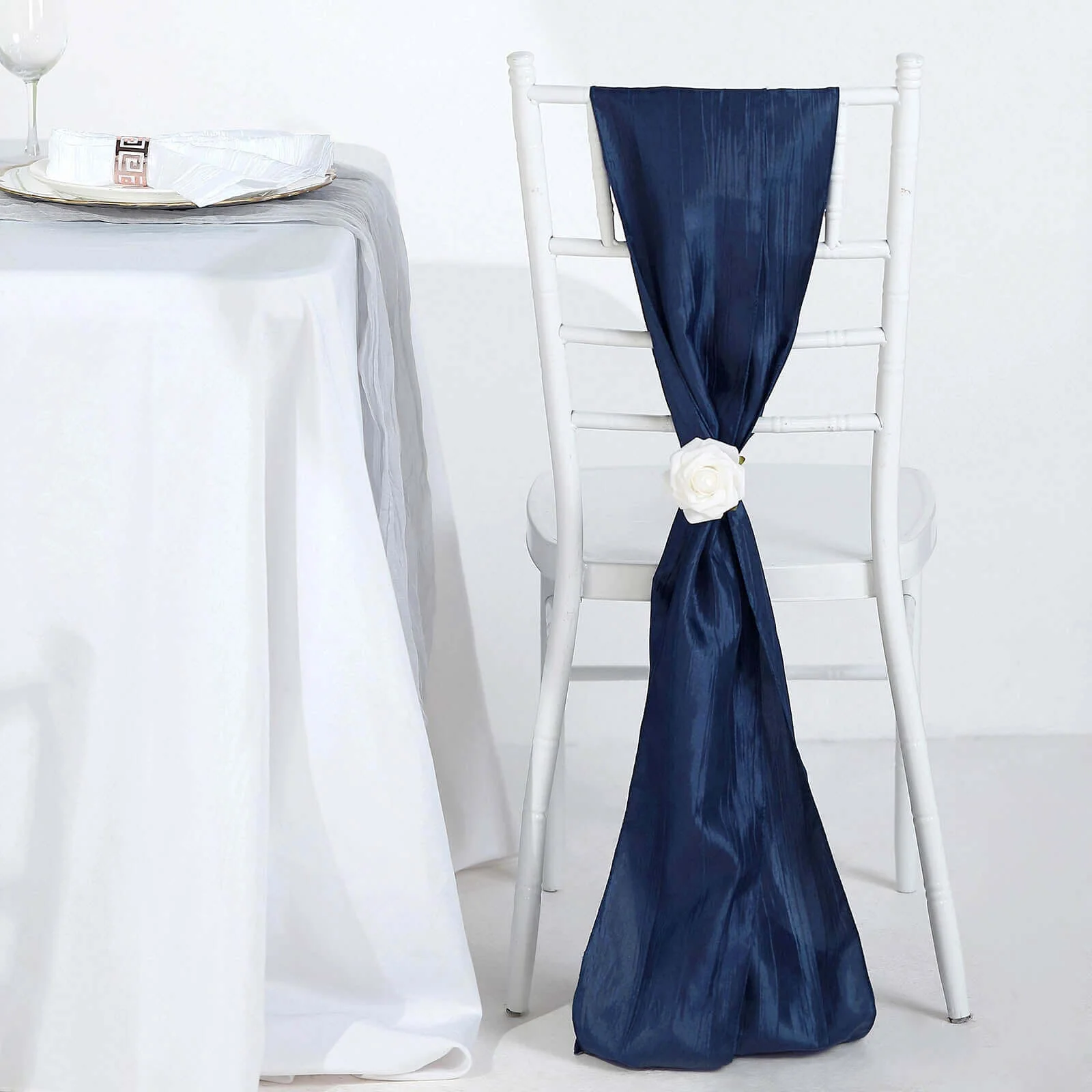 5 Pack Taffeta Chair Sashes 6"x106" Navy Blue Accordion Crinkle - Sophisticated Decorative Design - Image 3