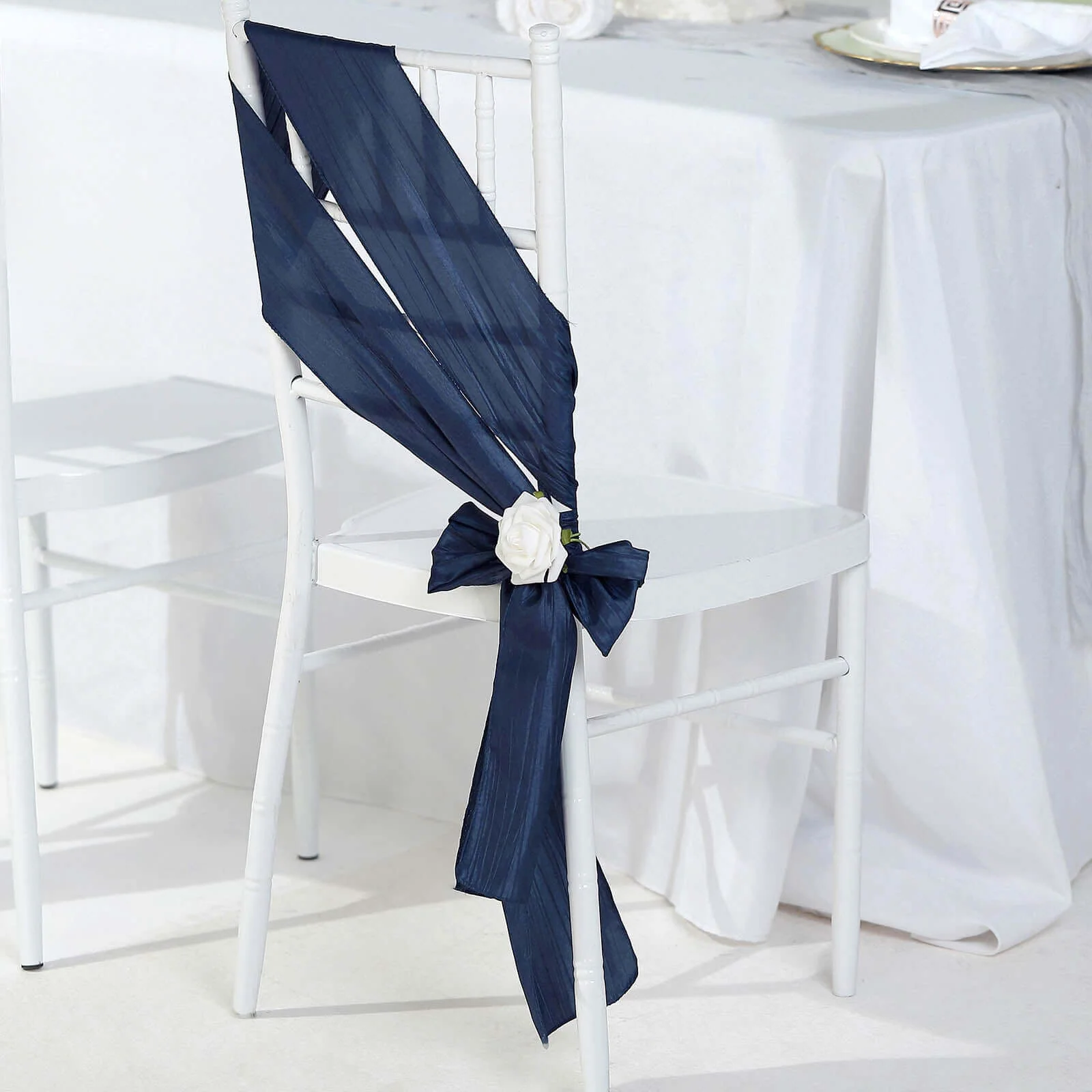 5 Pack Taffeta Chair Sashes 6"x106" Navy Blue Accordion Crinkle - Sophisticated Decorative Design - Image 8