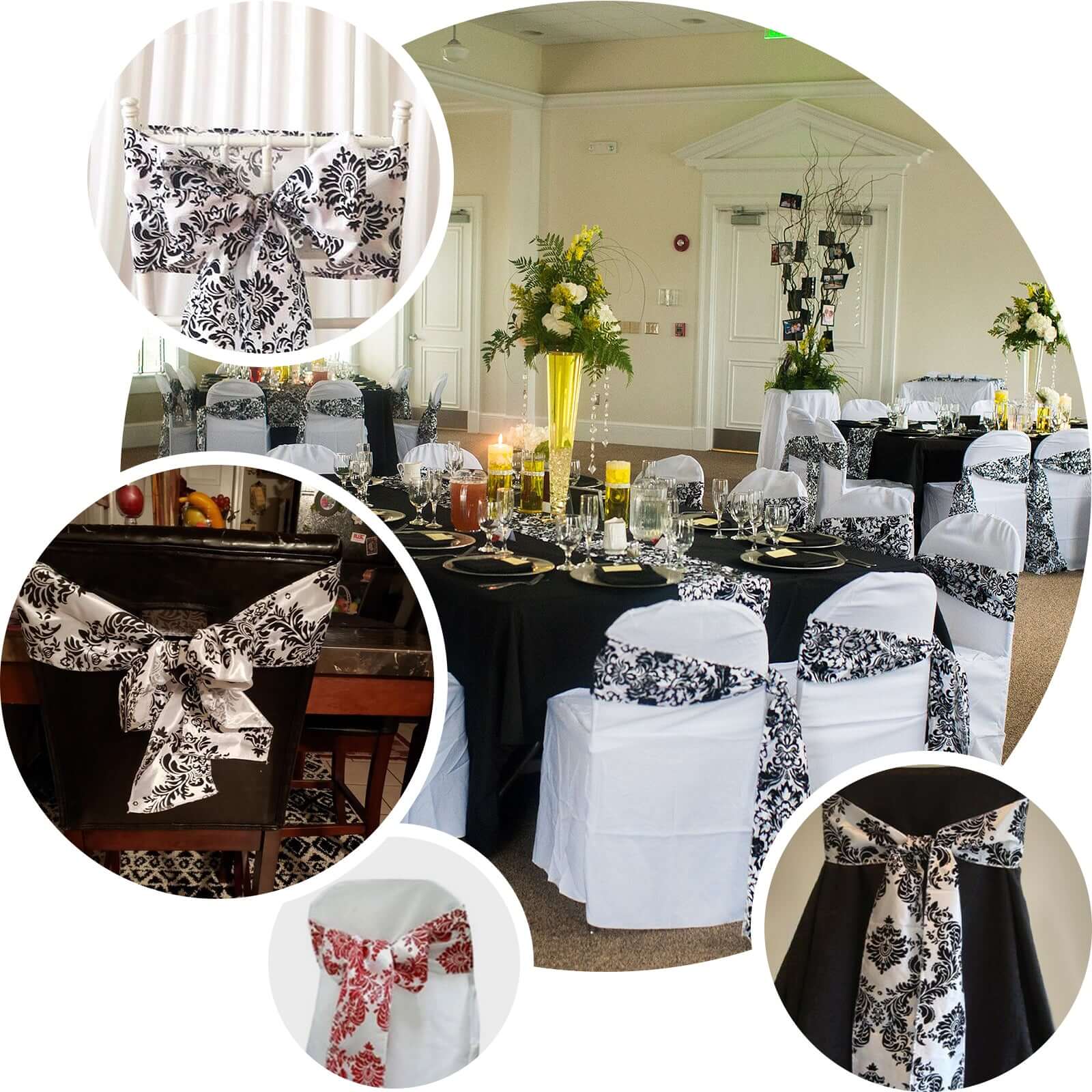 5 Pack Taffeta Damask Chair Sashes 6"x108" White with Eggplant Flocking Design - Image 4
