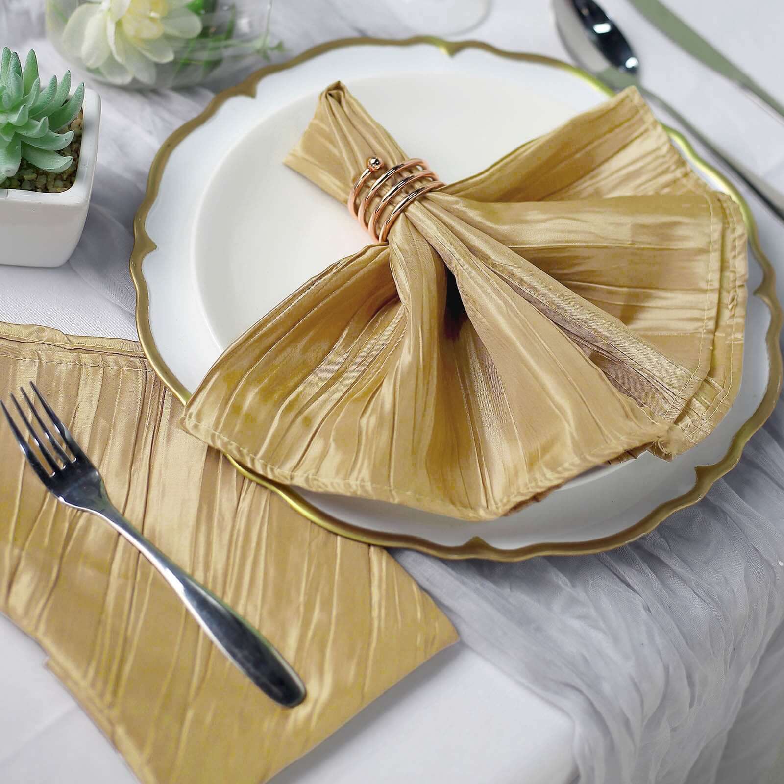 5 Pack Taffeta Napkins 20"x20" Gold Accordion Crinkle Style Cloth Napkins for Luxurious Events - Image 2