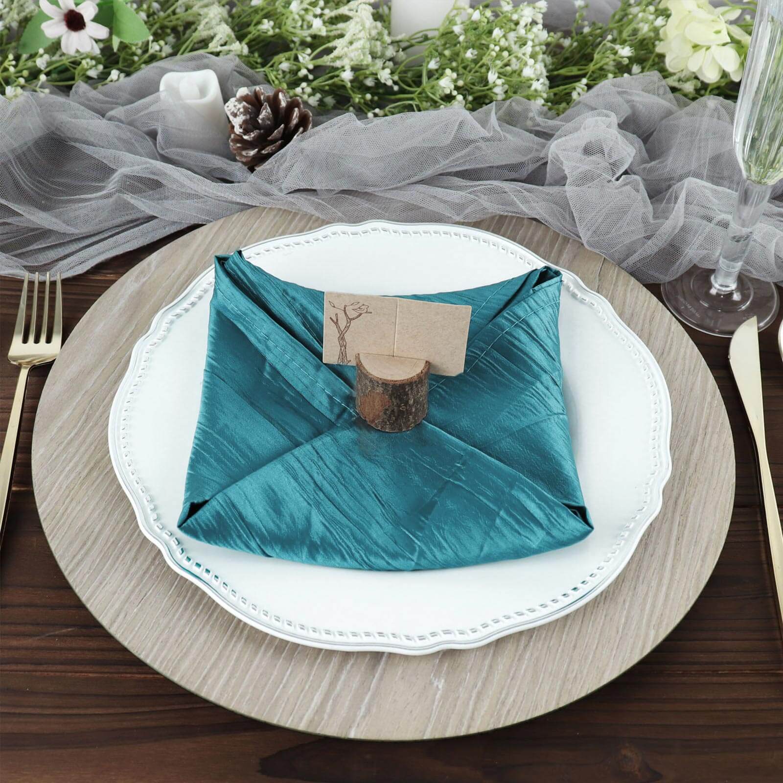 5 Pack Taffeta Napkins 20"x20" Peacock Teal - Accordion Crinkle Cloth Napkins - Image 2