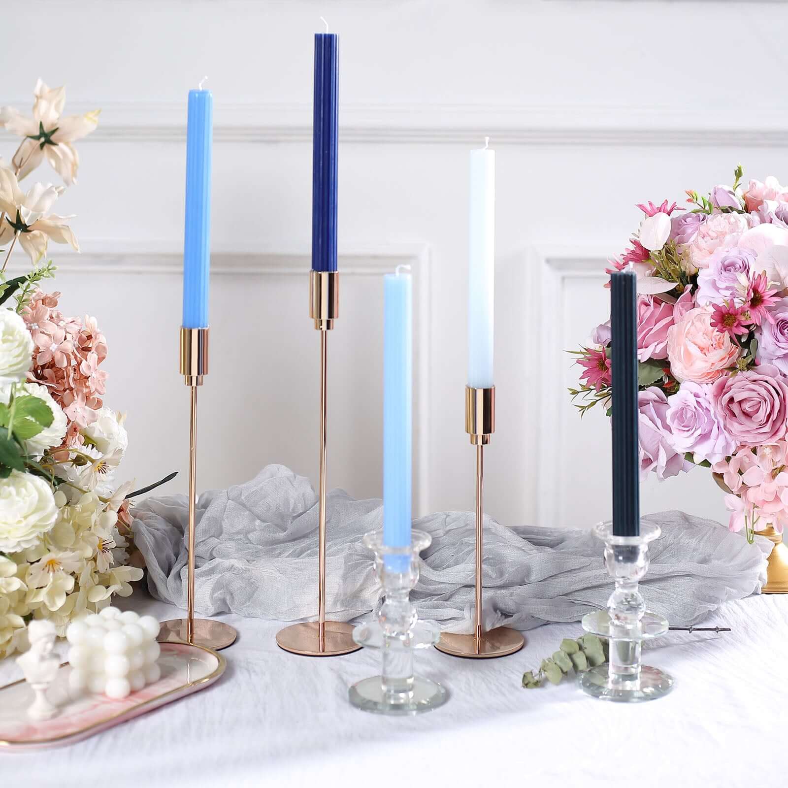 5-Pack Taper Candles 9" Ribbed Wick Ribbon Wax Design Assorted Blue - Premium Unscented Dinner Candles