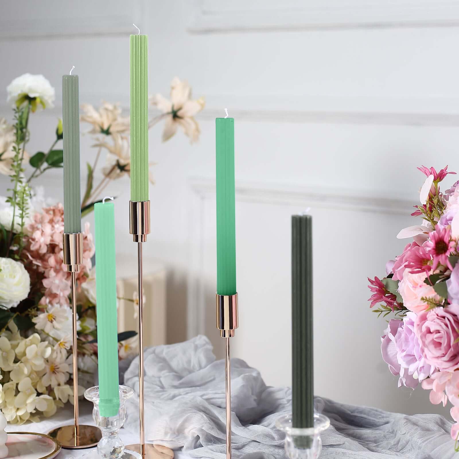 5-Pack Taper Candles 9" Ribbed Wick Ribbon Wax Design Assorted Green - Premium Unscented Dinner Candles - Image 7