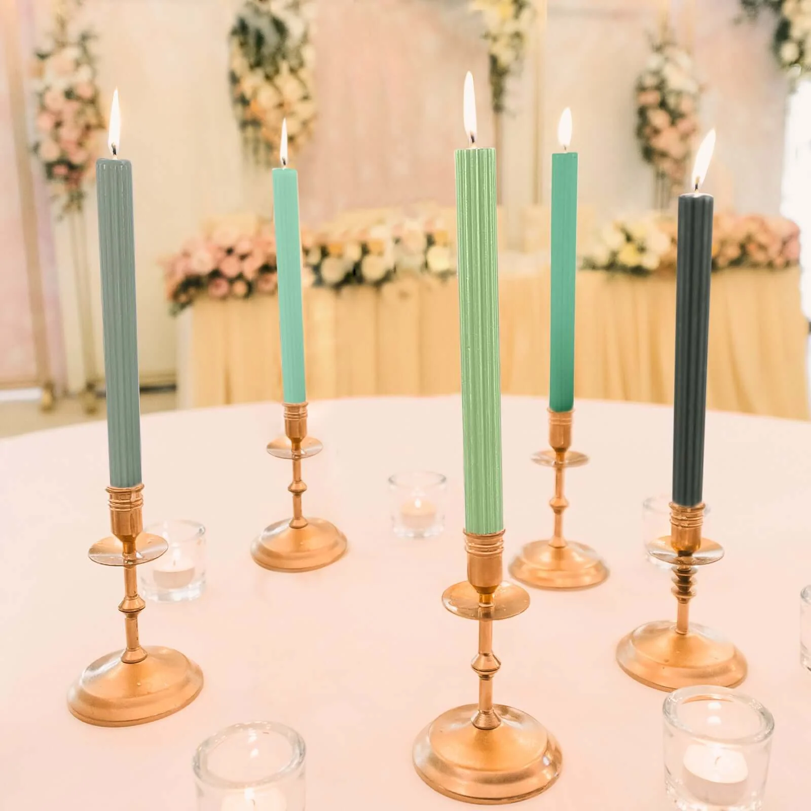 5-Pack Taper Candles 9" Ribbed Wick Ribbon Wax Design Assorted Green - Premium Unscented Dinner Candles - Image 9