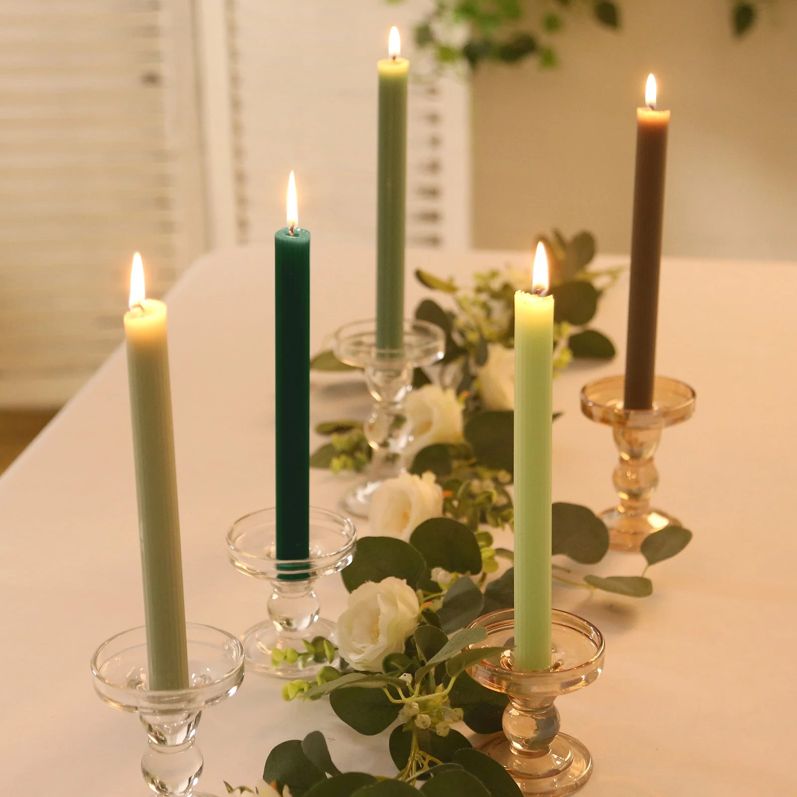 5-Pack Taper Candles 9" Ribbed Wick Ribbon Wax Design Assorted Sage Green - Premium Unscented Dinner Candles - Image 8