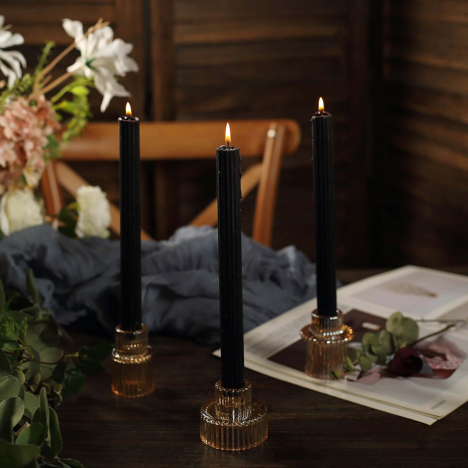 5-Pack Taper Candles 9" Ribbed Wick Ribbon Wax Design Black - Premium Unscented Dinner Candles - Image 7