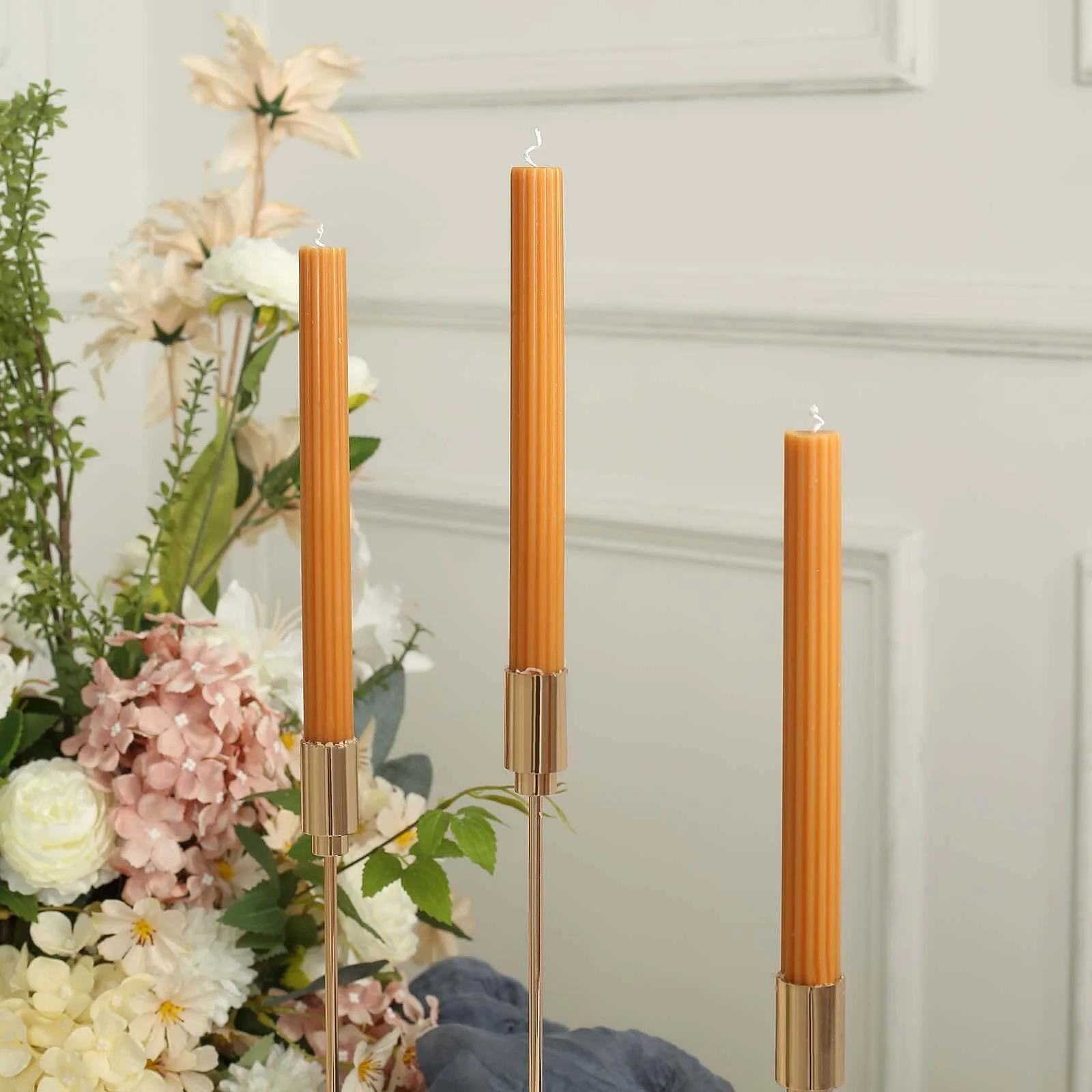 5-Pack Taper Candles 9" Ribbed Wick Ribbon Wax Design Gold - Premium Unscented Dinner Candles