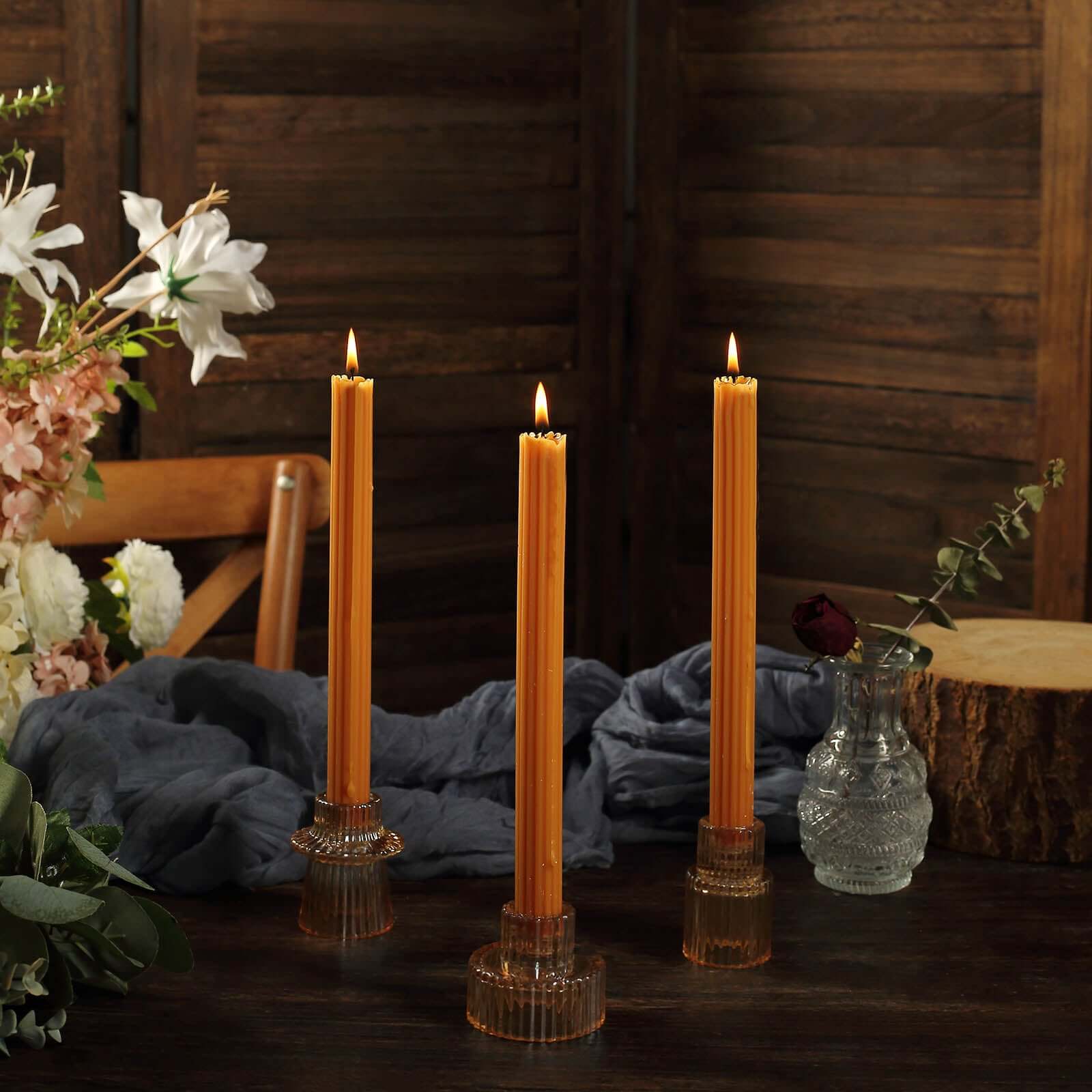 5-Pack Taper Candles 9" Ribbed Wick Ribbon Wax Design Gold - Premium Unscented Dinner Candles - Image 7