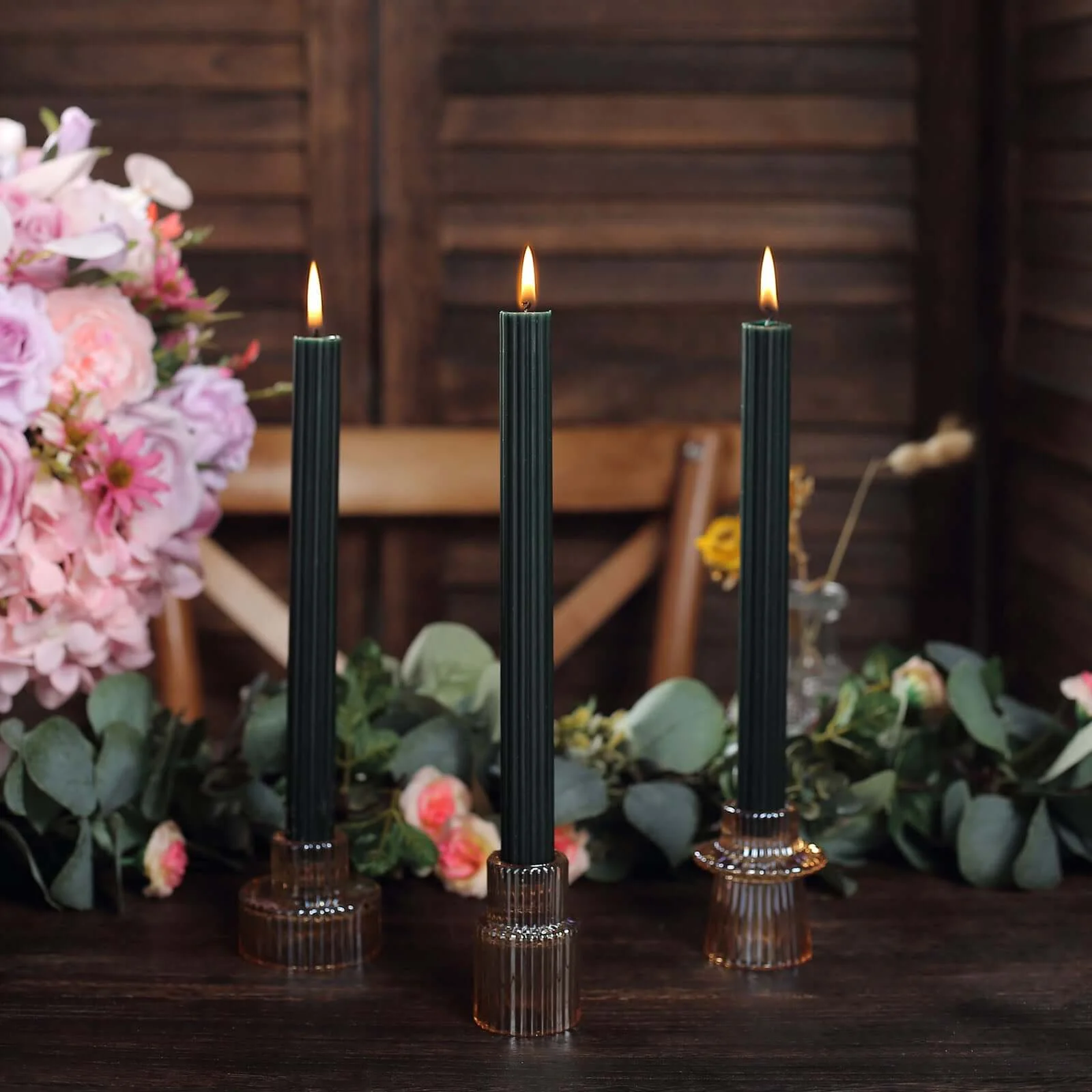 5-Pack Taper Candles 9" Ribbed Wick Ribbon Wax Design Hunter Emerald Green - Premium Unscented Dinner Candles - Image 2