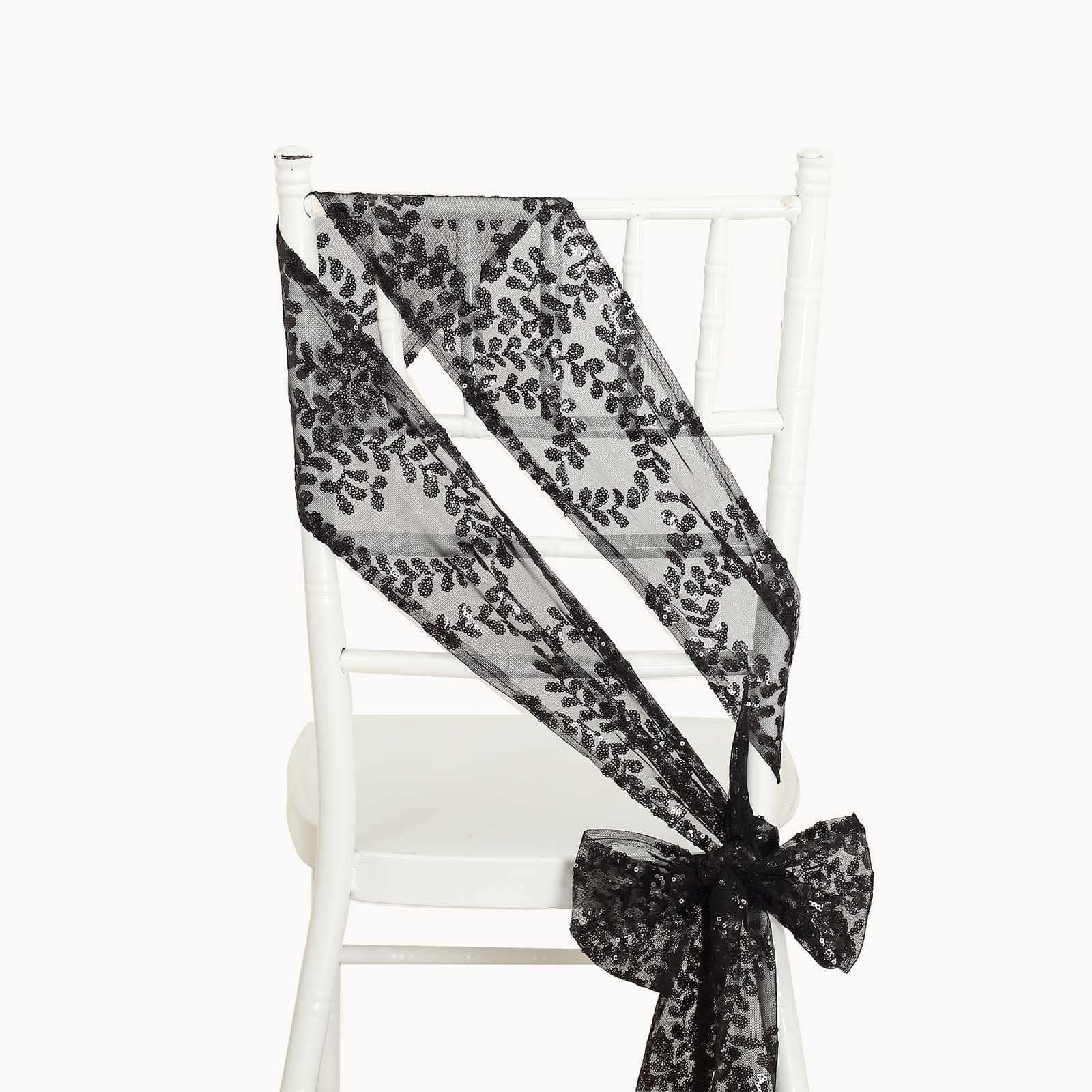 5 Pack Tulle Chair Sashes Black Leaf Vine Embroidered Sequin 6"x88" - Sophisticated Decorative Design - Image 4