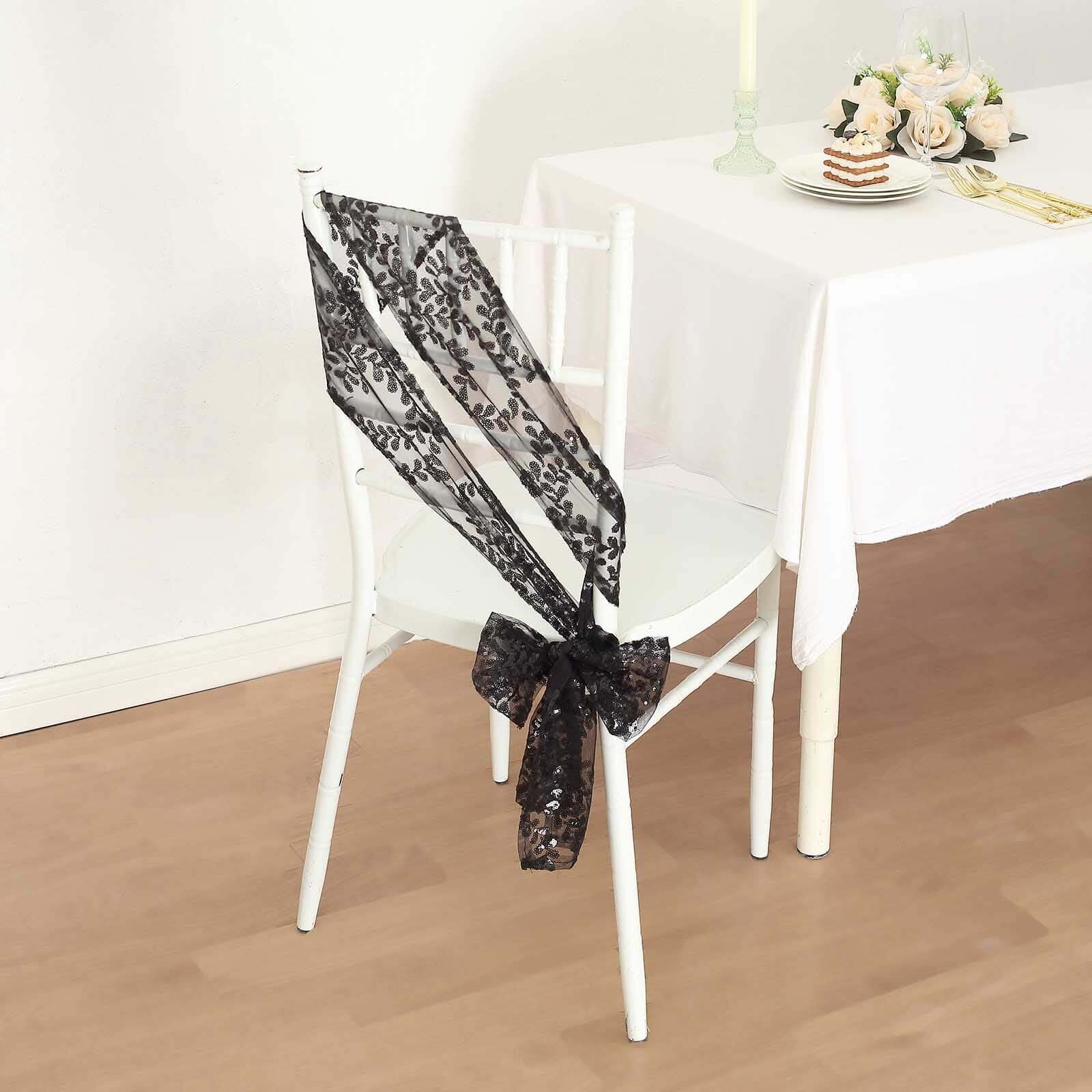 5 Pack Tulle Chair Sashes Black Leaf Vine Embroidered Sequin 6"x88" - Sophisticated Decorative Design - Image 7