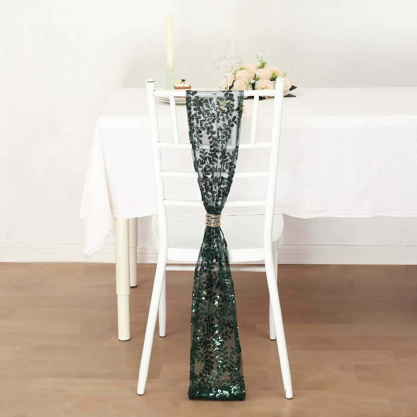 5 Pack Tulle Chair Sashes Hunter Emerald Green Leaf Vine Embroidered Sequin 6"x88" - Sophisticated Decorative Design - Image 2