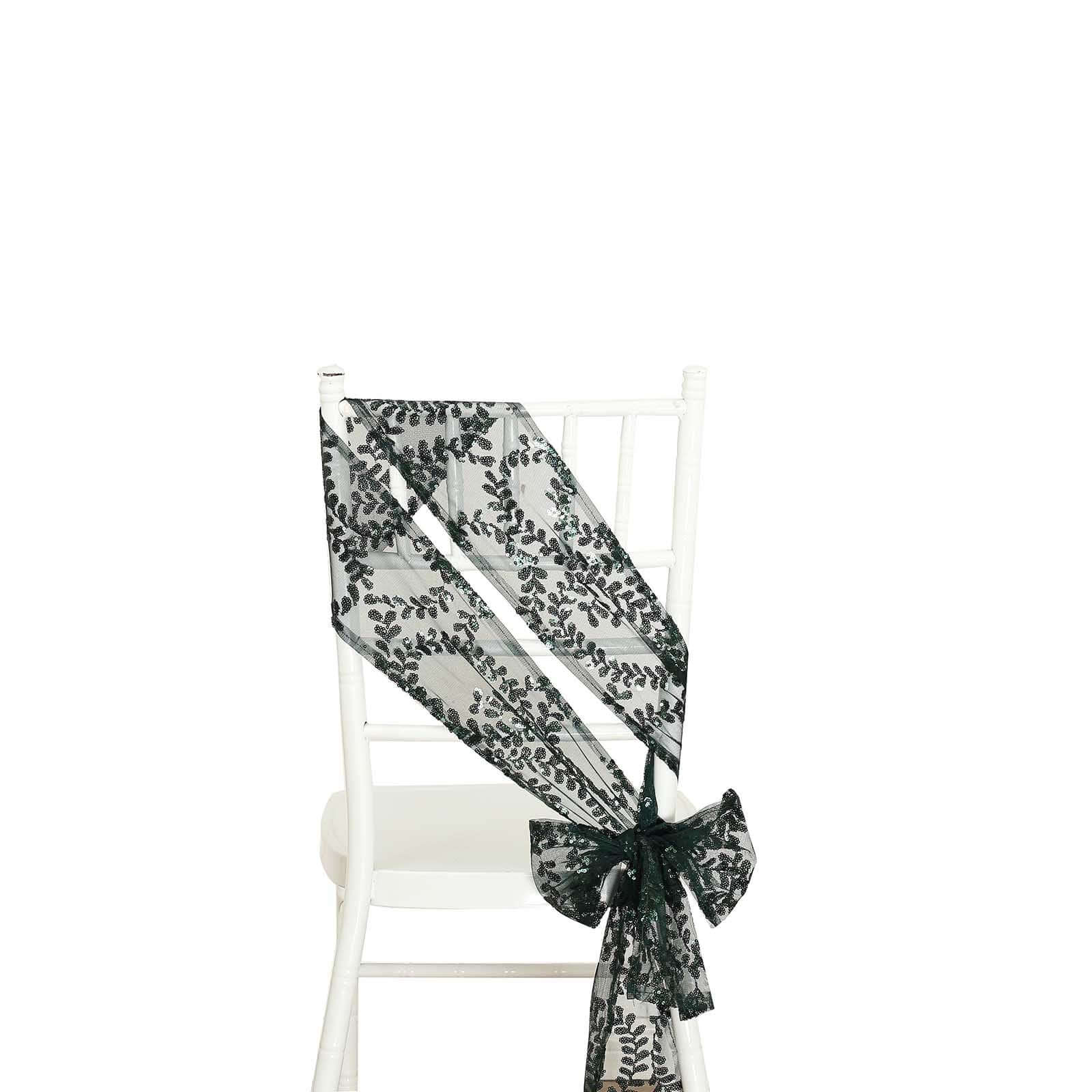 5 Pack Tulle Chair Sashes Hunter Emerald Green Leaf Vine Embroidered Sequin 6"x88" - Sophisticated Decorative Design - Image 3