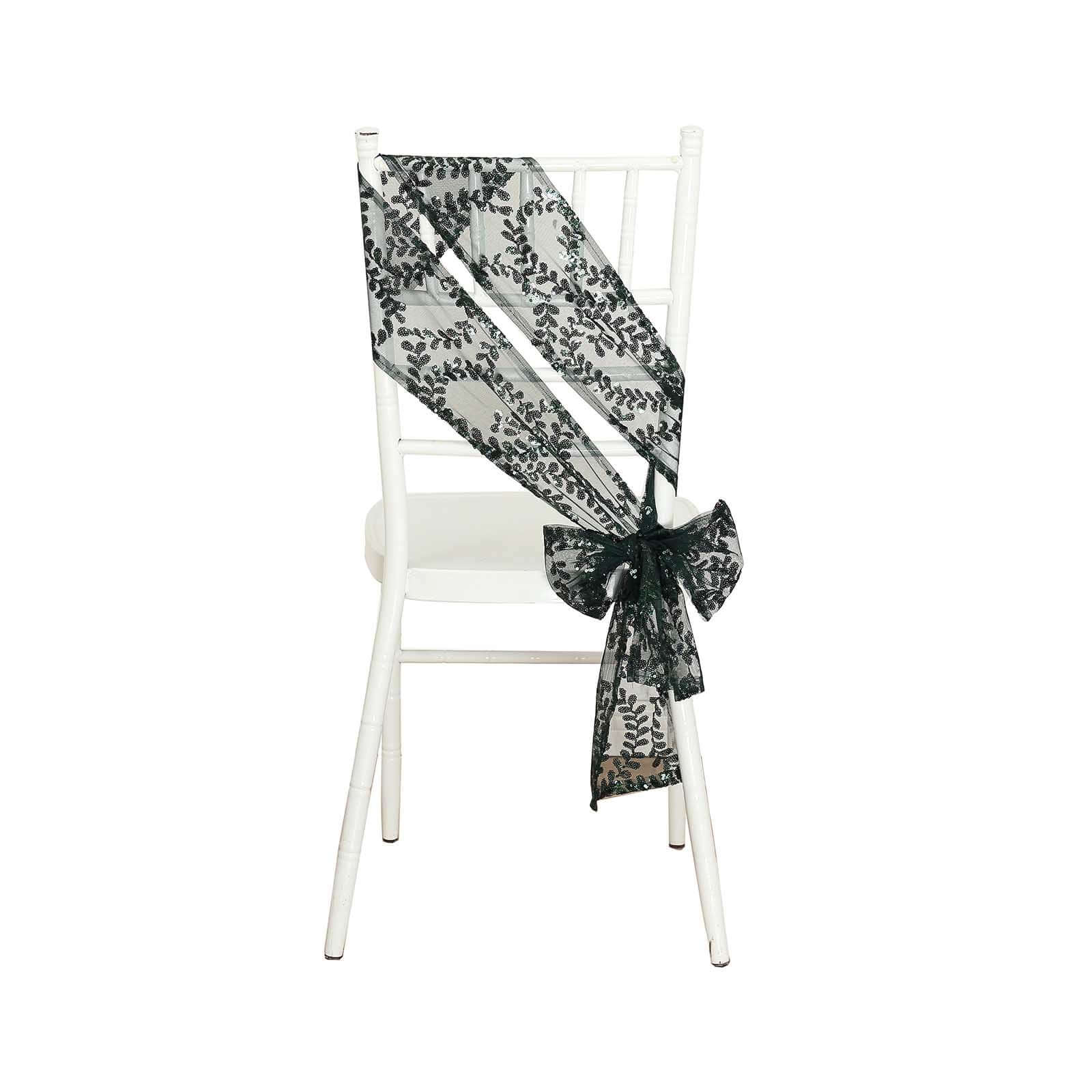 5 Pack Tulle Chair Sashes Hunter Emerald Green Leaf Vine Embroidered Sequin 6"x88" - Sophisticated Decorative Design - Image 4