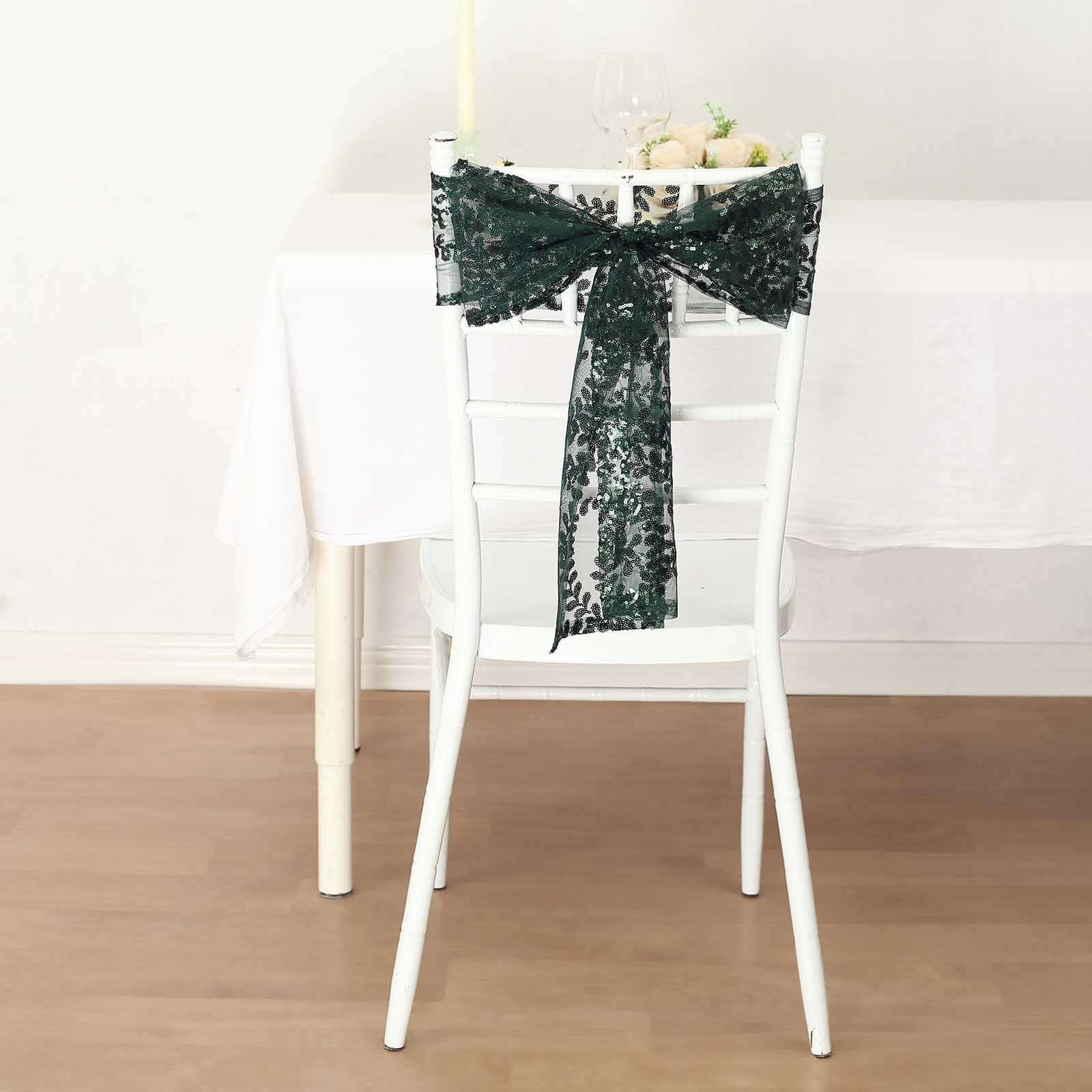 5 Pack Tulle Chair Sashes Hunter Emerald Green Leaf Vine Embroidered Sequin 6"x88" - Sophisticated Decorative Design - Image 5