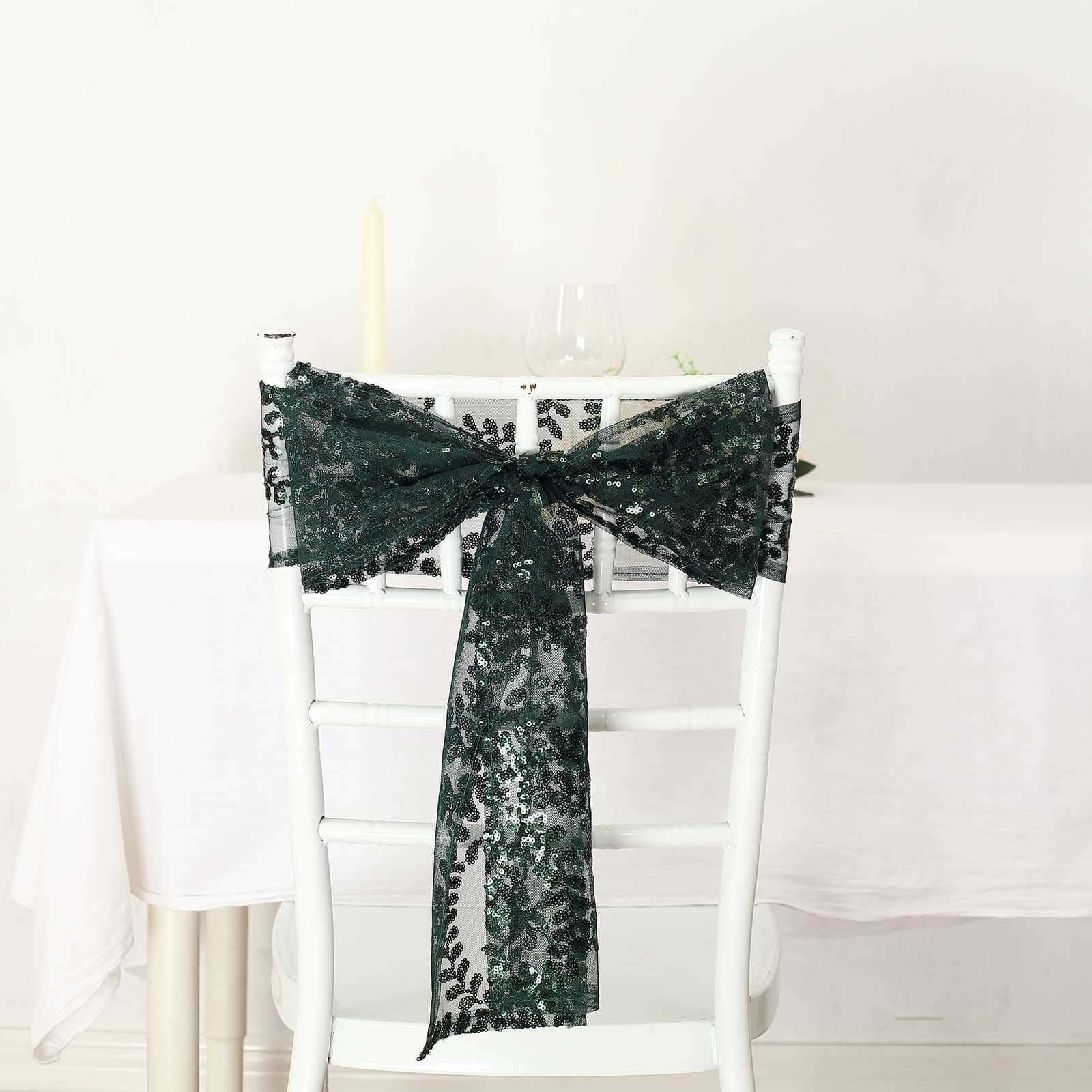 5 Pack Tulle Chair Sashes Hunter Emerald Green Leaf Vine Embroidered Sequin 6"x88" - Sophisticated Decorative Design - Image 6
