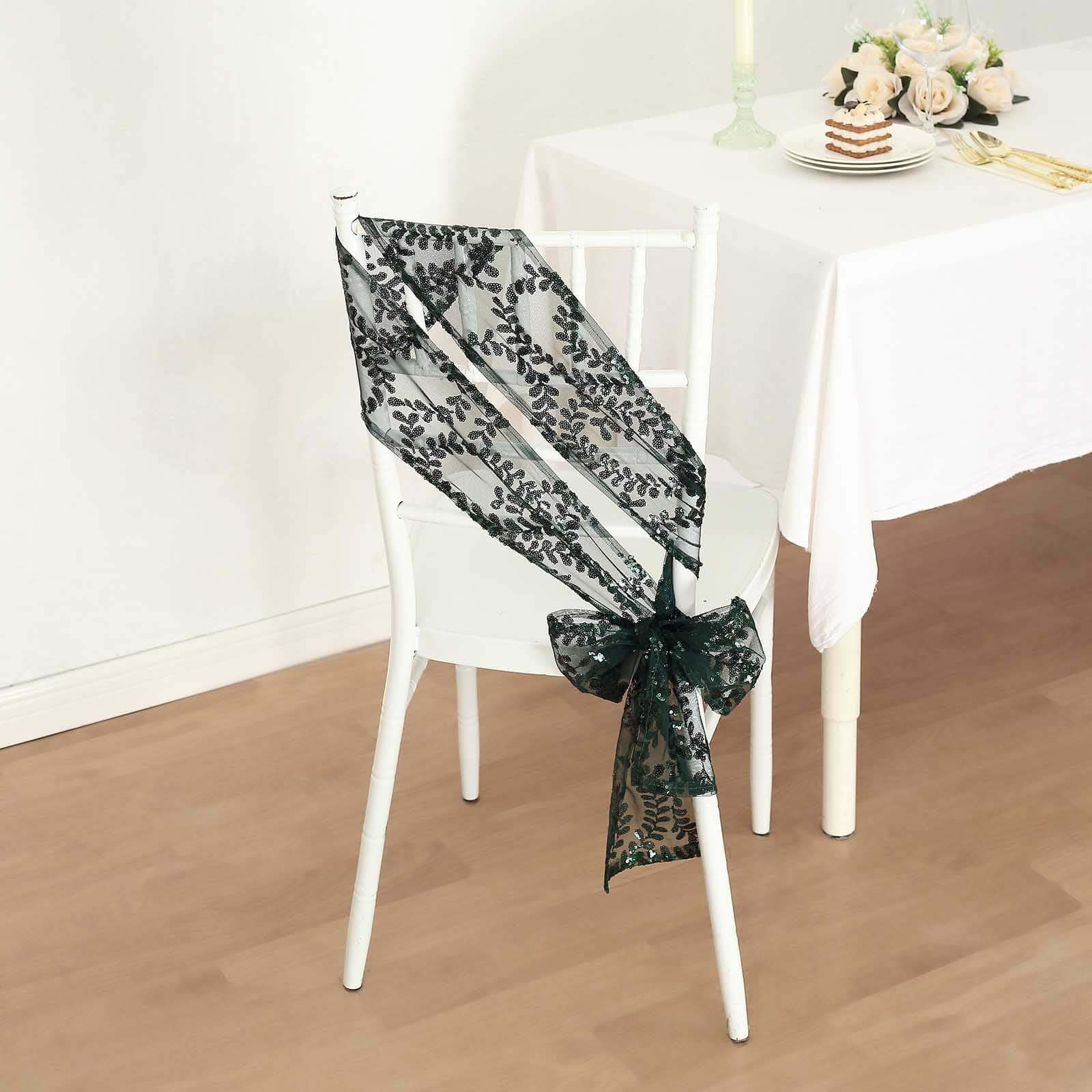 5 Pack Tulle Chair Sashes Hunter Emerald Green Leaf Vine Embroidered Sequin 6"x88" - Sophisticated Decorative Design - Image 9