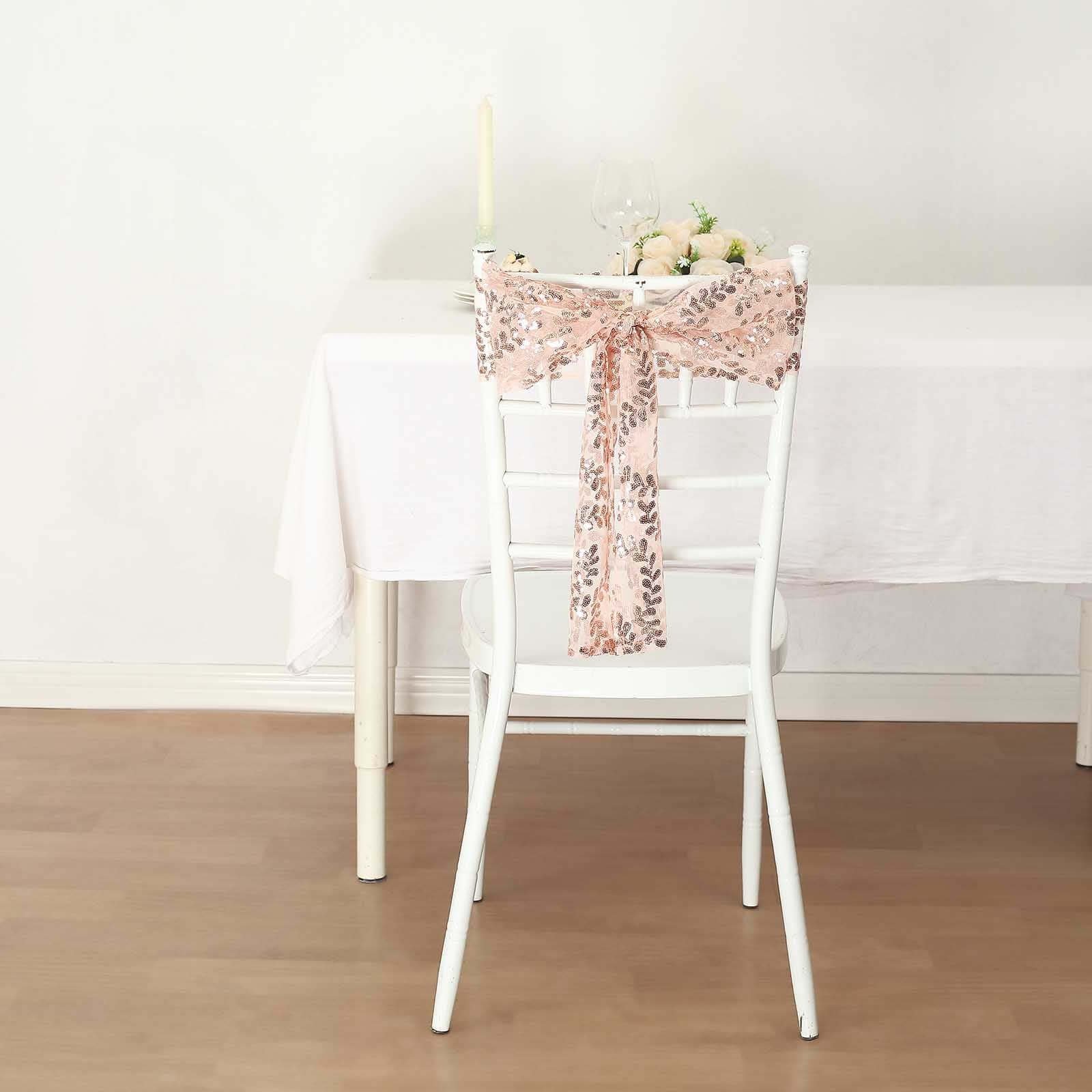5 Pack Tulle Chair Sashes Rose Gold Leaf Vine Embroidered Sequin 6"x88" - Sophisticated Decorative Design - Image 10