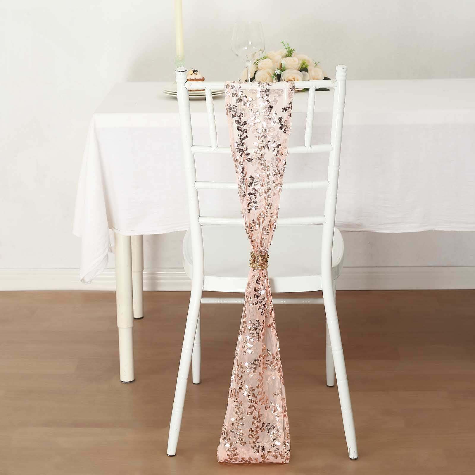 5 Pack Tulle Chair Sashes Rose Gold Leaf Vine Embroidered Sequin 6"x88" - Sophisticated Decorative Design - Image 11