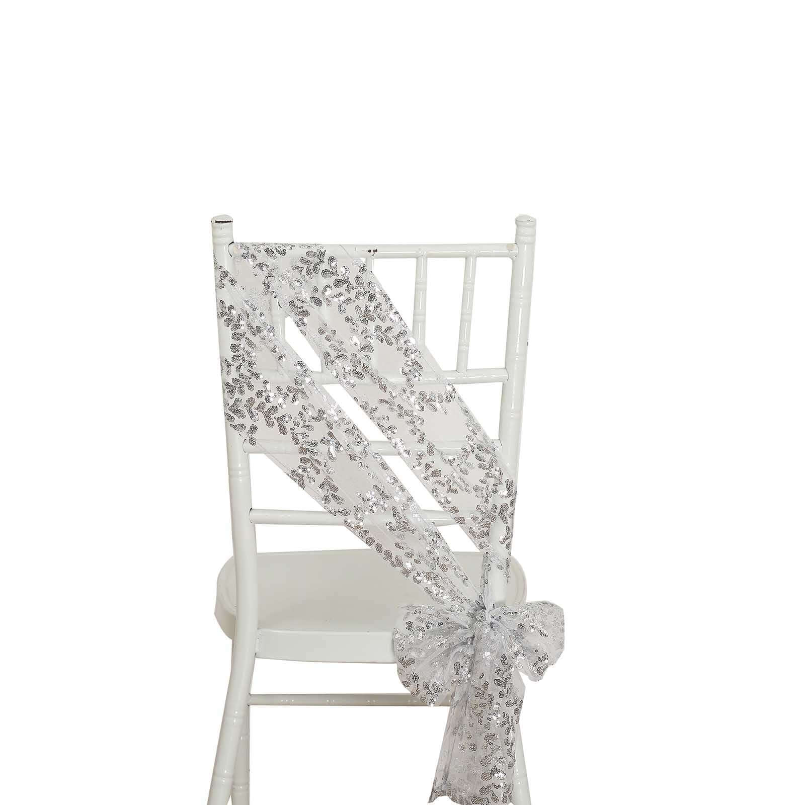 5 Pack Tulle Chair Sashes Silver Leaf Vine Embroidered Sequin 6"x88" - Sophisticated Decorative Design - Image 4
