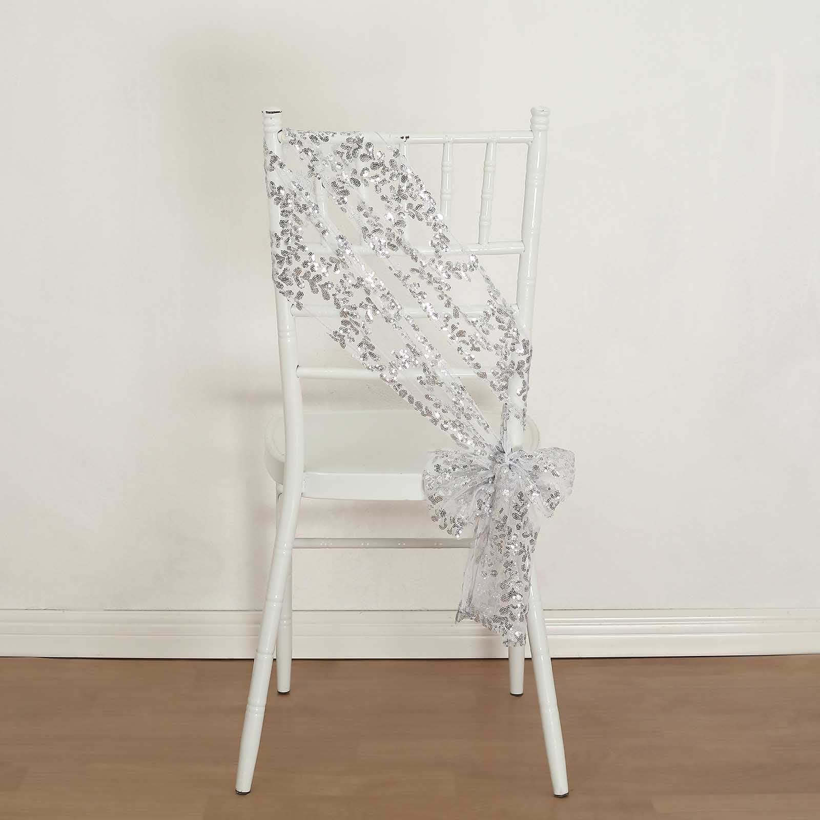 5 Pack Tulle Chair Sashes Silver Leaf Vine Embroidered Sequin 6"x88" - Sophisticated Decorative Design - Image 5